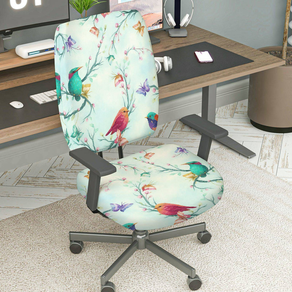 2-Piece Colorful Bird Flower  Computer Chair Cover Set, Seat and Backrest