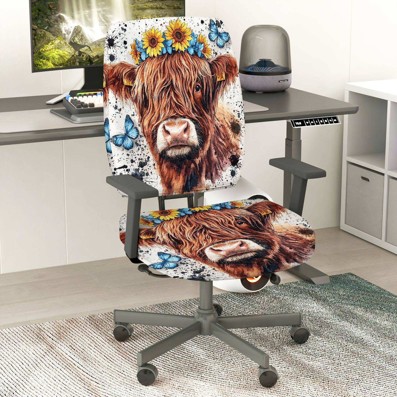2-Piece Sunflower Butterfly Cow Animal Art  Computer Chair Cover Set, Seat and Backrest