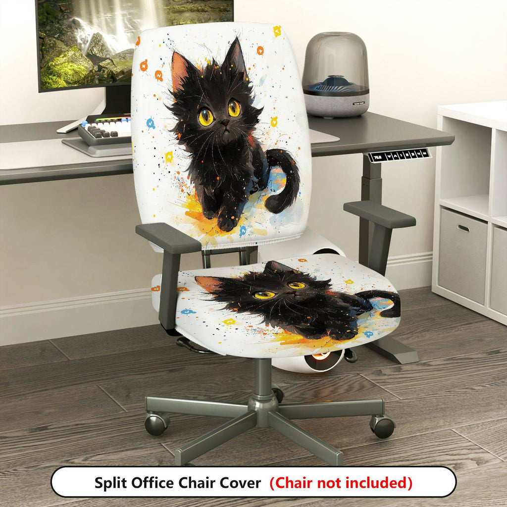 2-Piece Cute Black Cat Art  Computer Chair Cover Set, Seat and Backrest