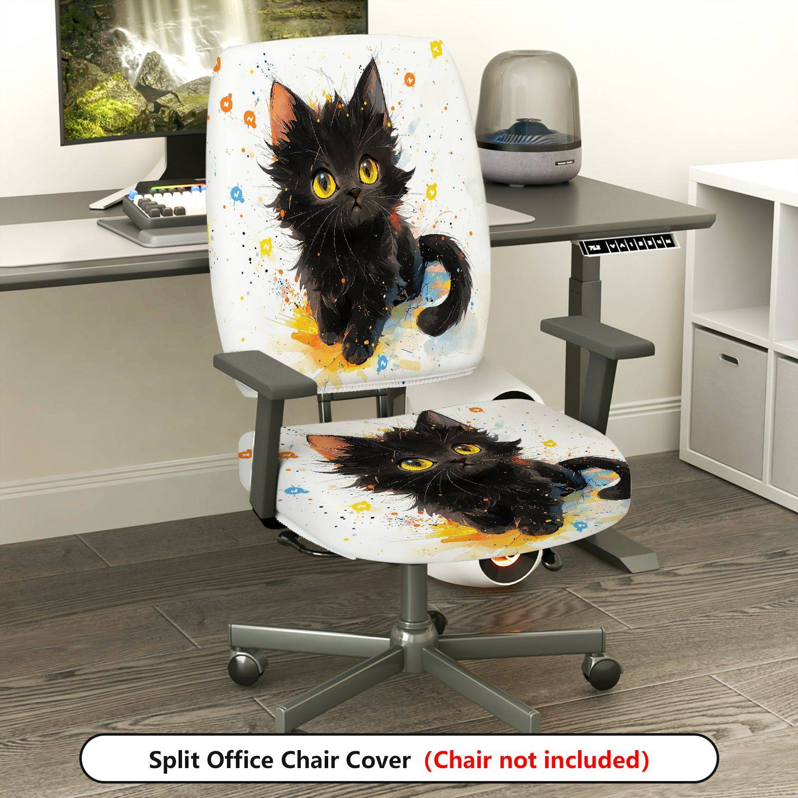 2-Piece Cute Black Cat Art  Computer Chair Cover Set, Seat and Backrest