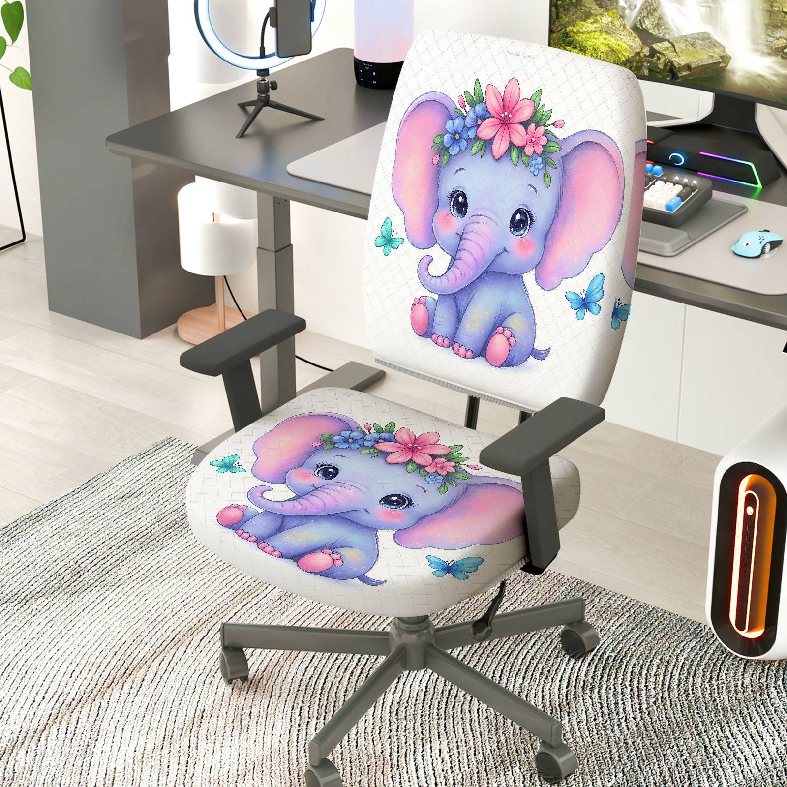 2-Piece Cute Elephant Flower Butterfly  Computer Chair Cover Set, Seat and Backrest