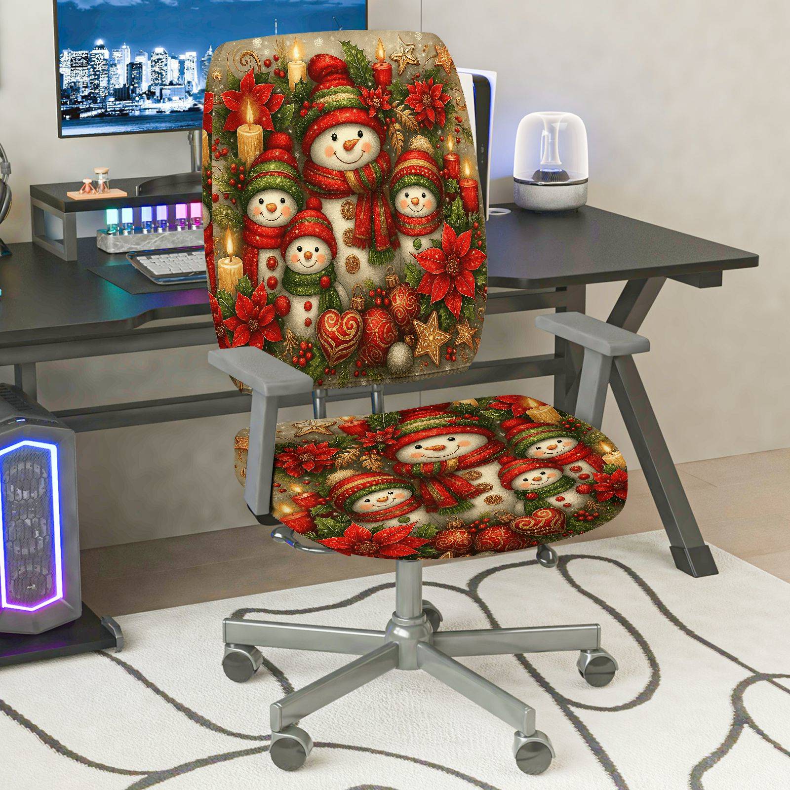2-Piece Christmas Snowman Poinsettia Holiday Winter  Computer Chair Cover Set, Seat and Backrest