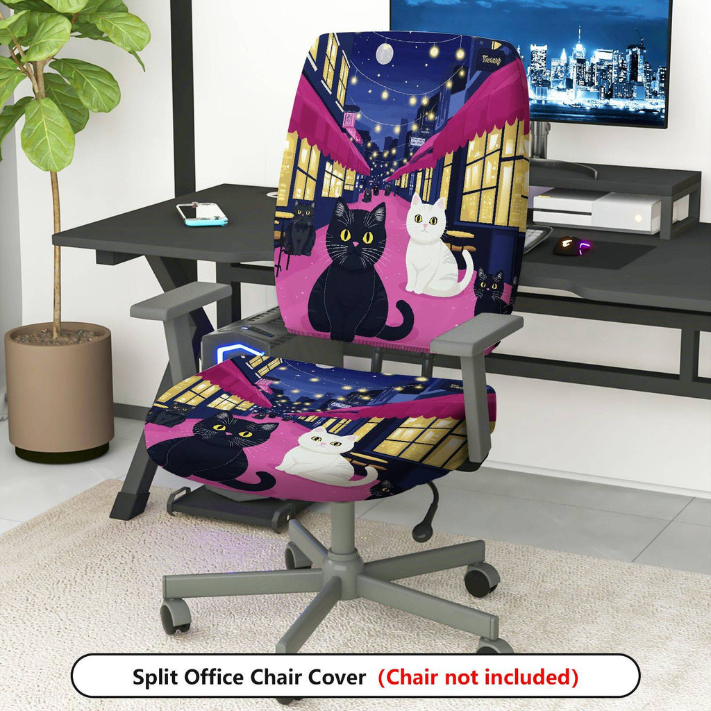 2-Piece Cat Night Street Black White Moonlight  Computer Chair Cover Set, Seat and Backrest