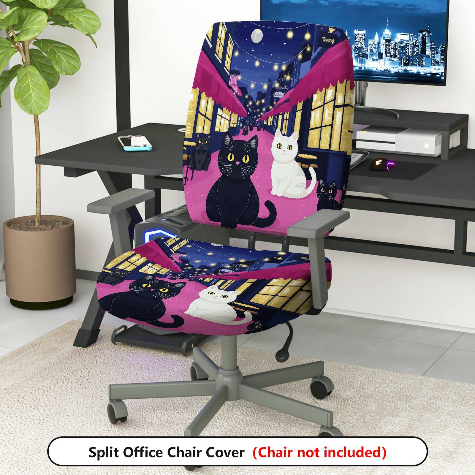 2-Piece Cat Night Street Black White Moonlight  Computer Chair Cover Set, Seat and Backrest