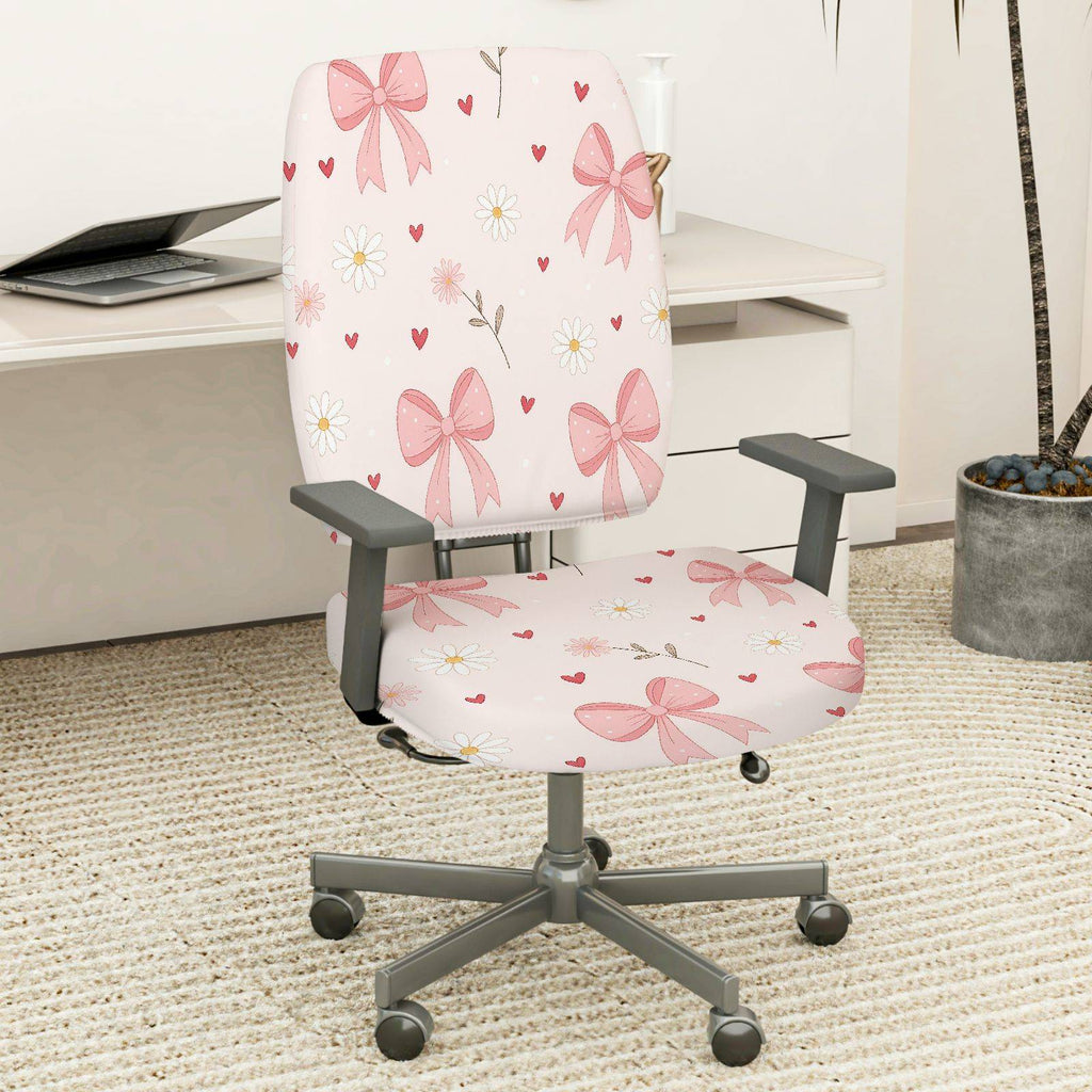 2-Piece Pink Bow Floral Heart Romantic Cute  Computer Chair Cover Set, Seat and Backrest