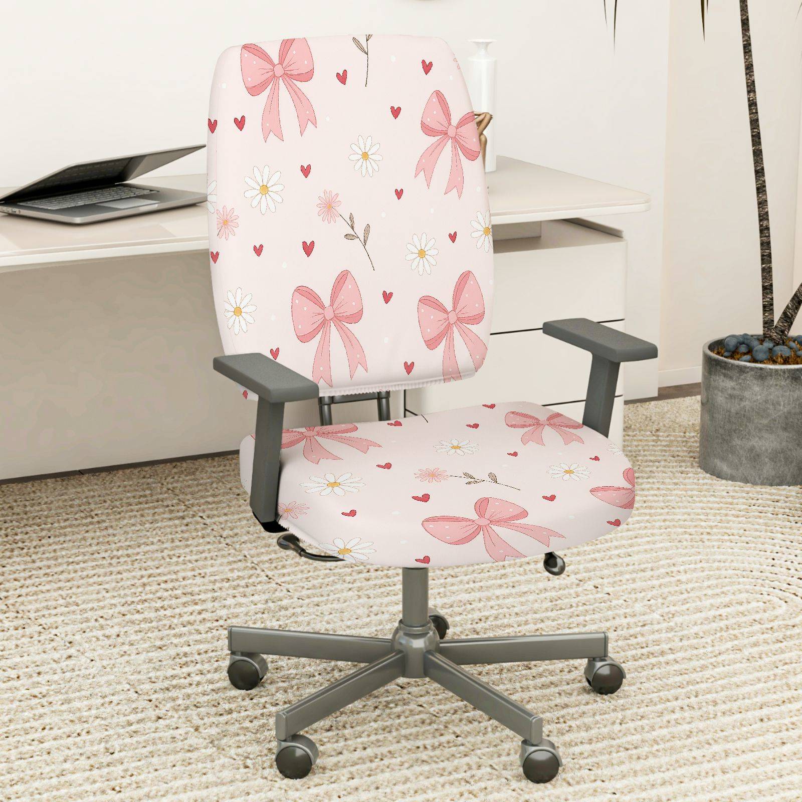 2-Piece Pink Bow Floral Heart Romantic Cute  Computer Chair Cover Set, Seat and Backrest