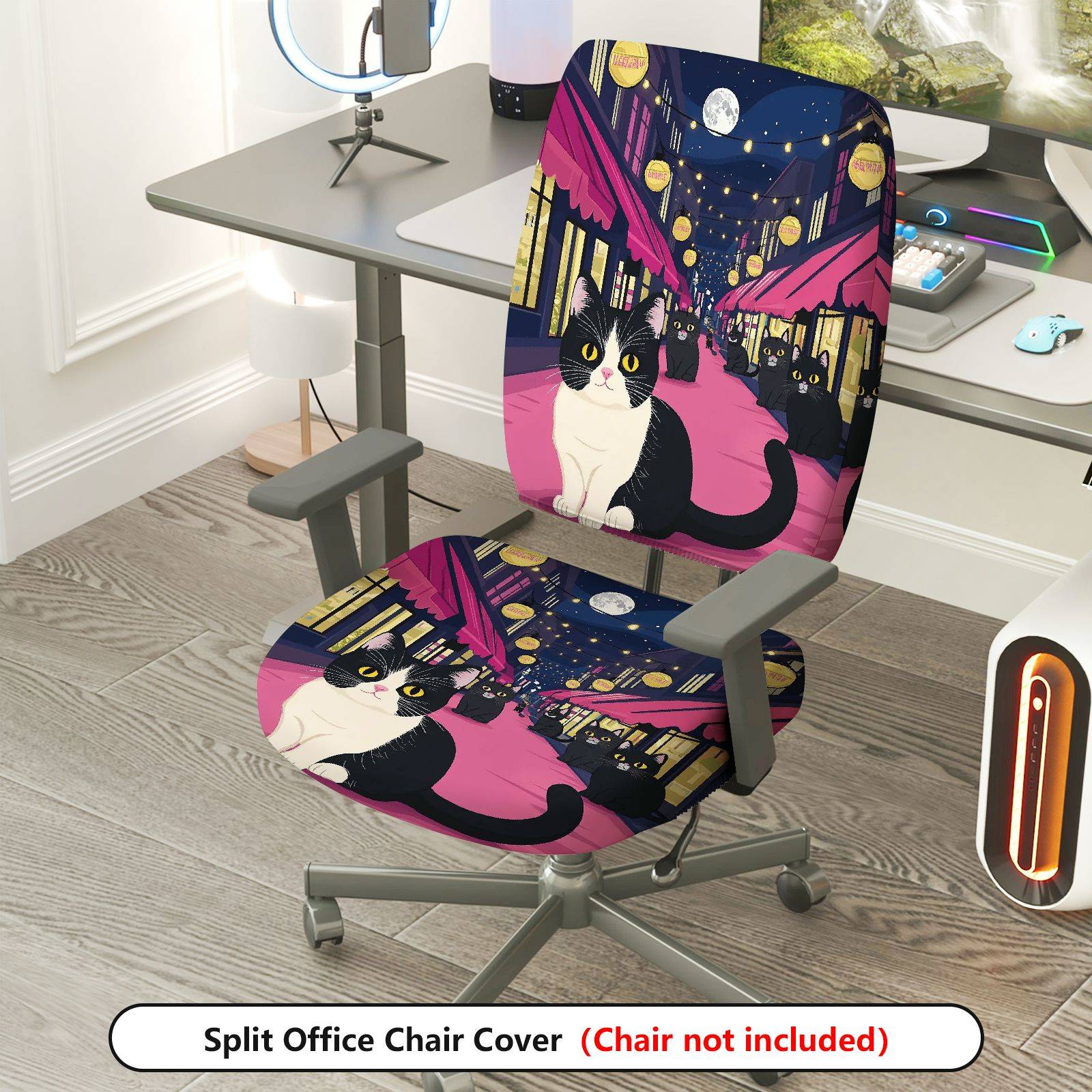 2-Piece Night Street Cat Moonlight Festival Romantic  Computer Chair Cover Set, Seat and Backrest