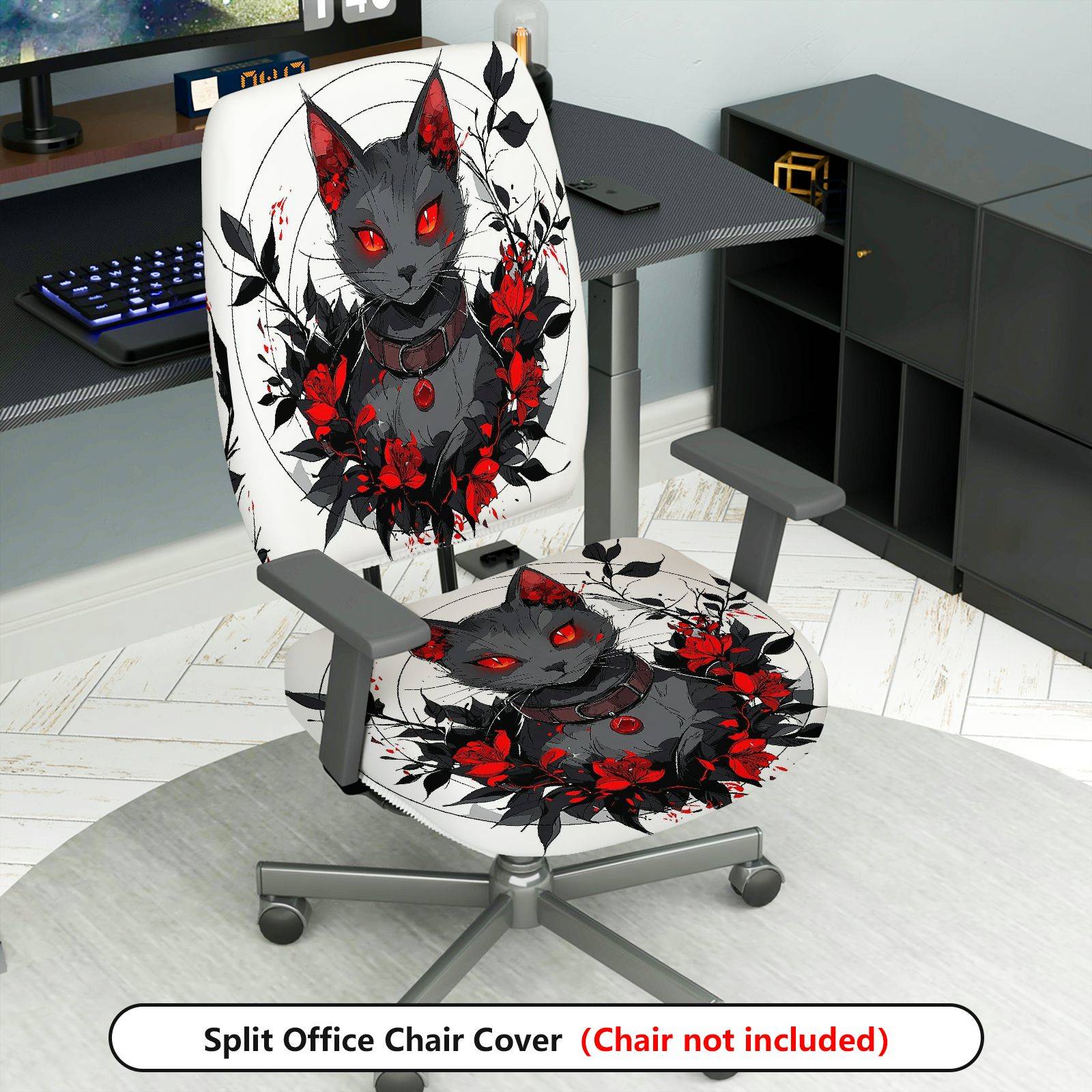 2-Piece Gothic Cat Floral Artistic Red Black  Computer Chair Cover Set, Seat and Backrest