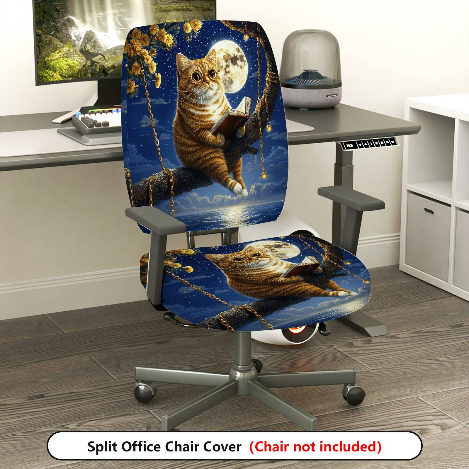 2-Piece Cat Reading Moon Night Starry Swing  Computer Chair Cover Set, Seat and Backrest