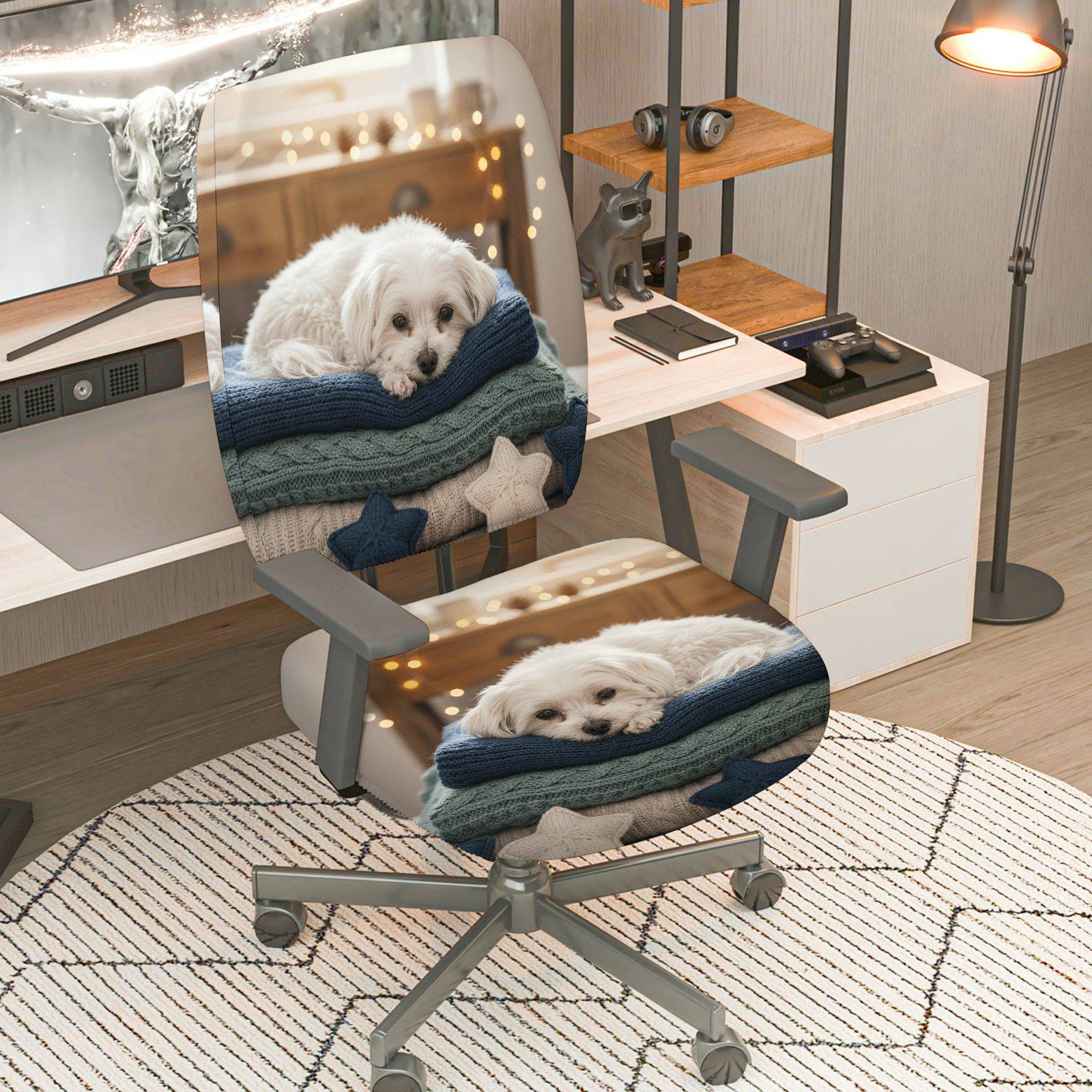2-Piece Cute Dog Cozy Blanket Star Festive  Computer Chair Cover Set, Seat and Backrest
