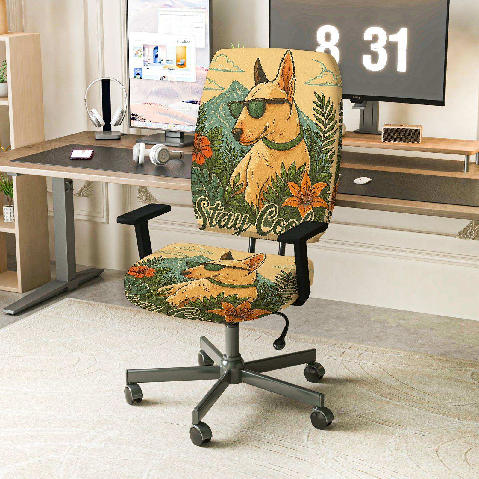 2-Piece Dog Cool Sunglasses Floral Tropical  Computer Chair Cover Set, Seat and Backrest