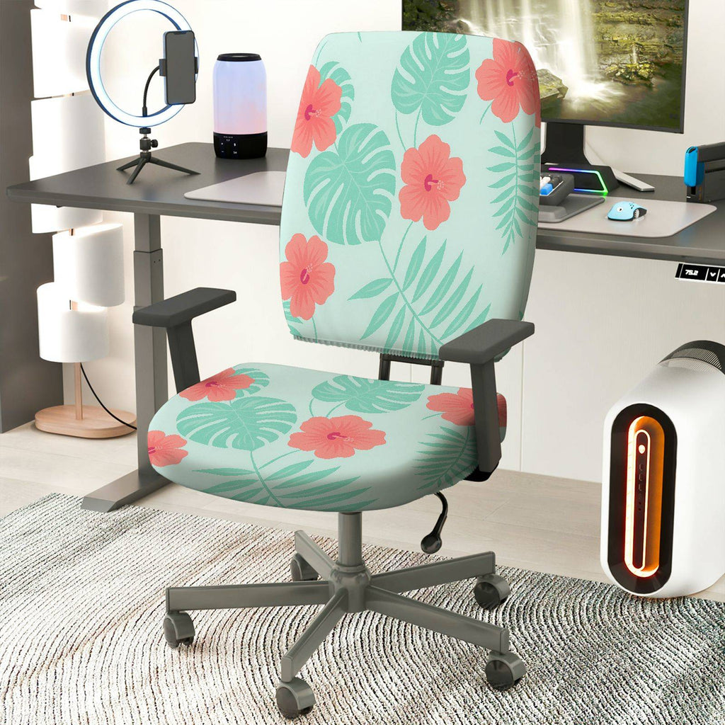 2-Piece Tropical Flower Leaf Pattern Green Pink  Computer Chair Cover Set, Seat and Backrest