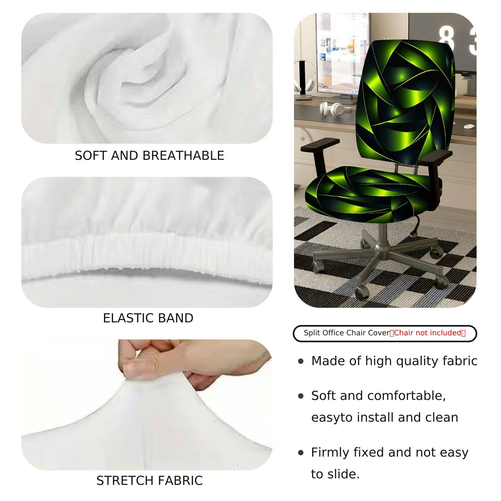 2-Piece Abstract Geometric Green Swirl Modern Decorative  Computer Chair Cover Set, Seat and Backrest