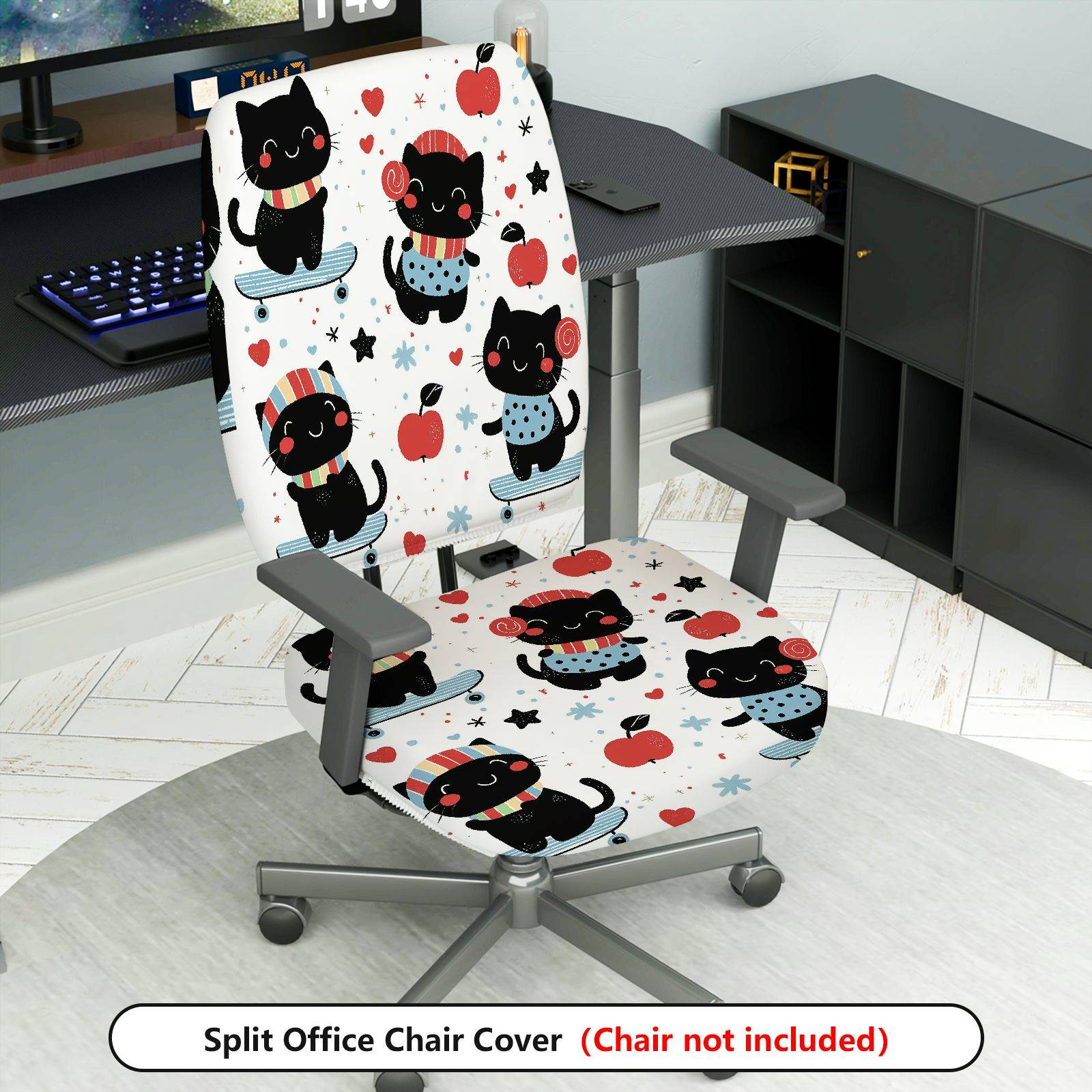 2-Piece Cute Cat Apple Heart Star  Computer Chair Cover Set, Seat and Backrest