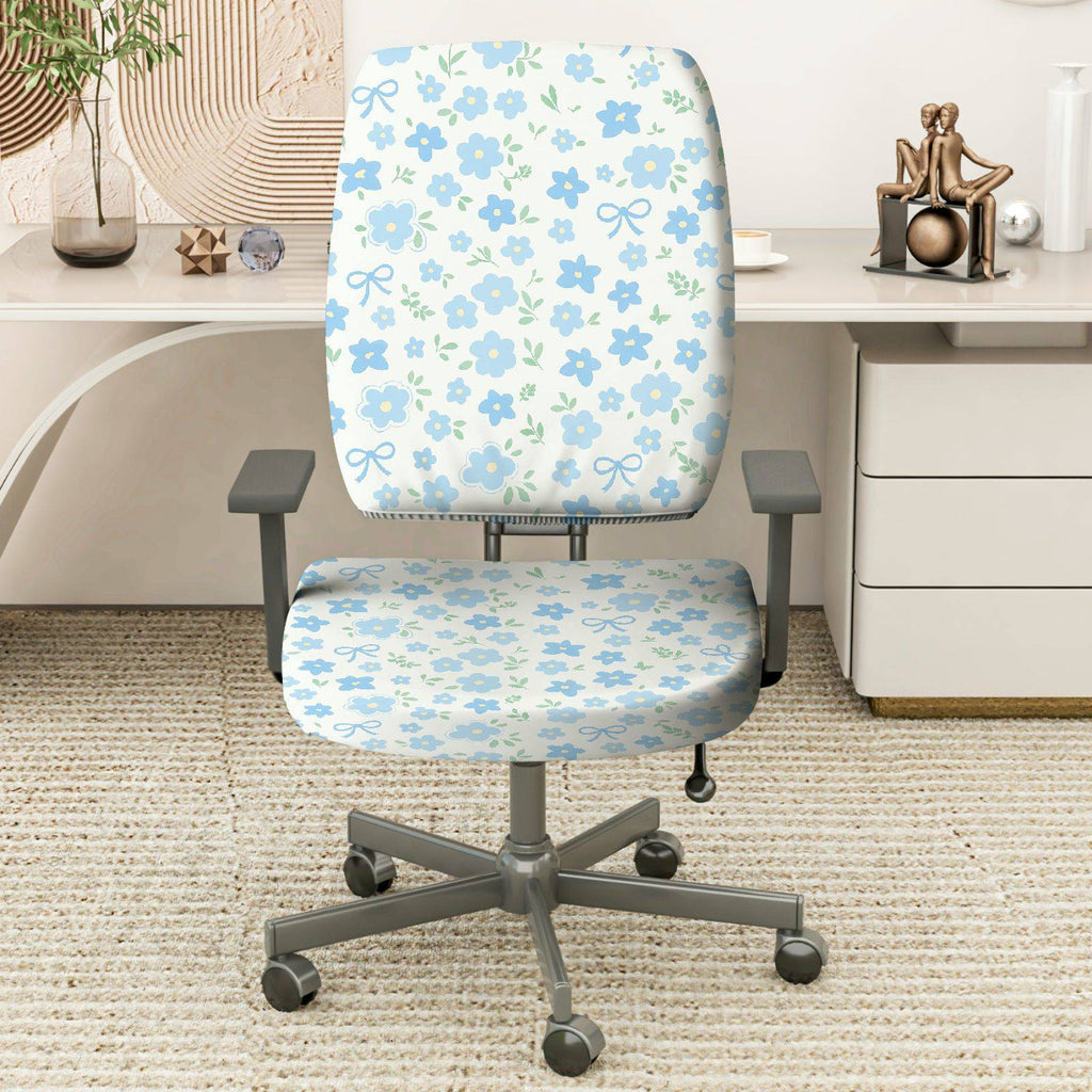 2-Piece Floral Pastel Spring Modern Cute Blue  Computer Chair Cover Set, Seat and Backrest