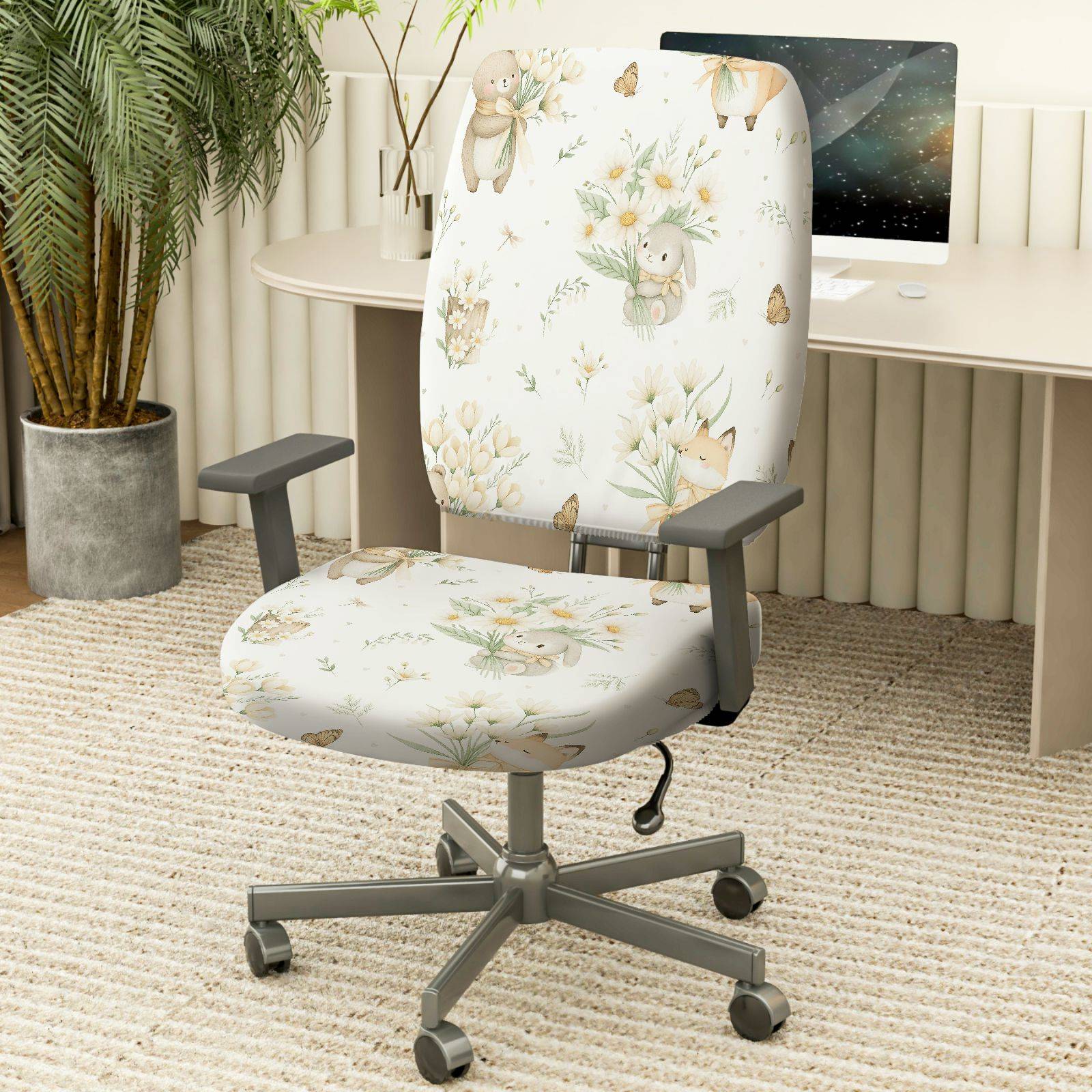2-Piece Cute Animal Pastel Floral Spring-Inspired Decorative  Computer Chair Cover Set, Seat and Backrest