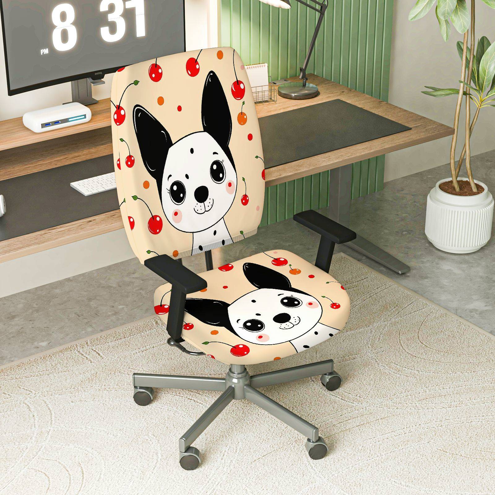 2-Piece Cute Dog Cherry Fun Decorative  Computer Chair Cover Set, Seat and Backrest