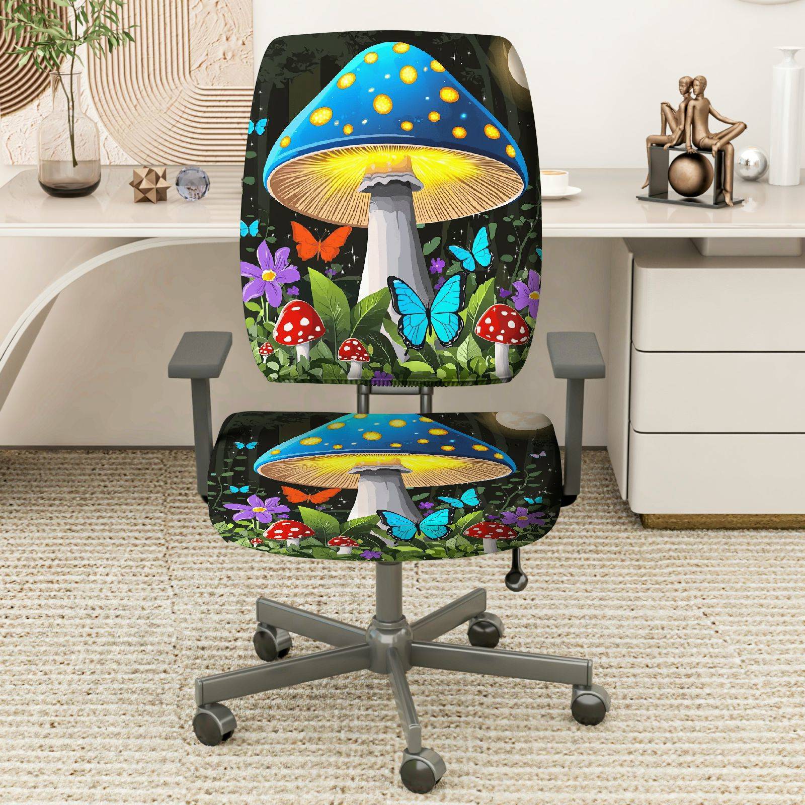 2-Piece Fantasy Mushroom Forest Butterfly Flower Decorative  Computer Chair Cover Set, Seat and Backrest
