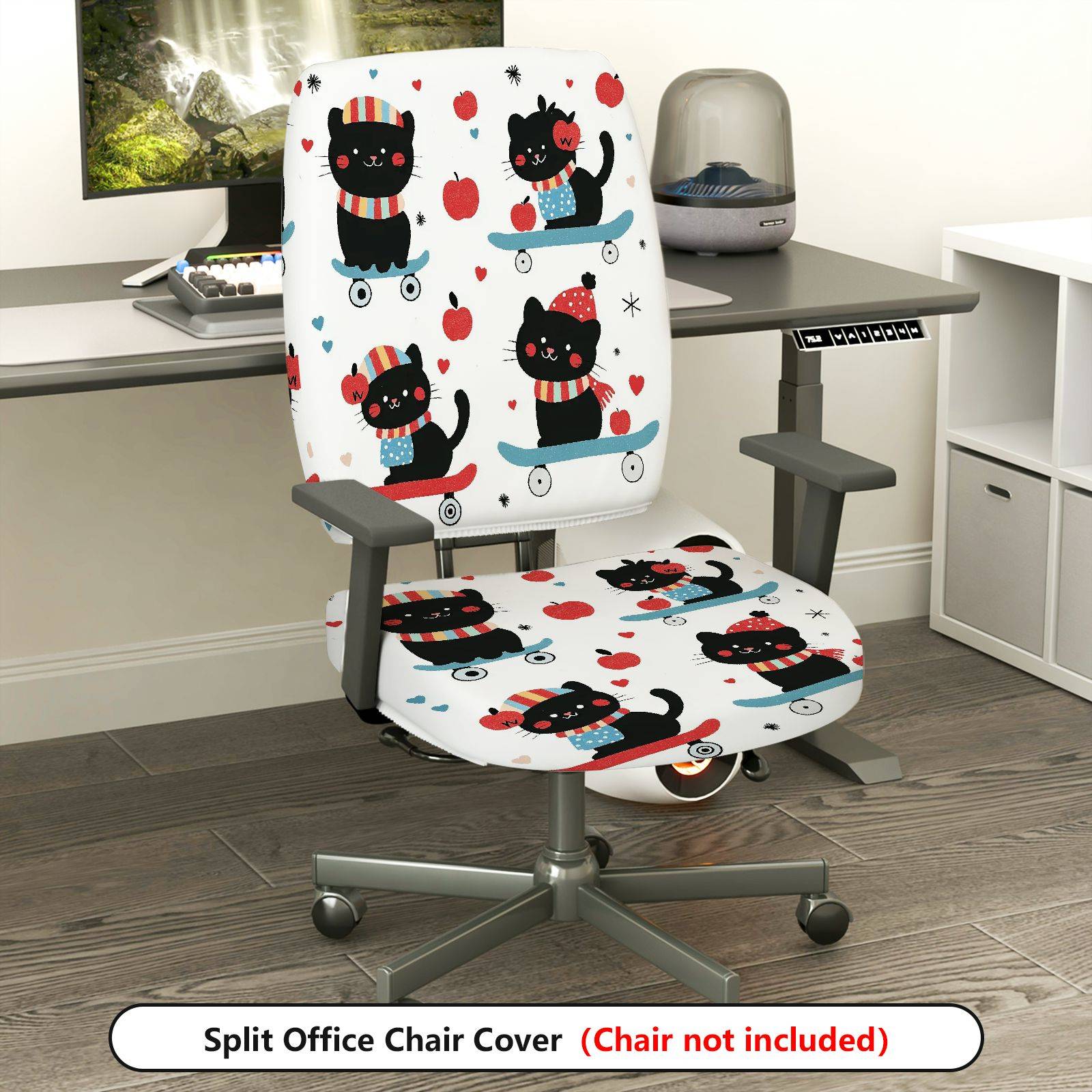 2-Piece Cute Skating Cat Apple Pattern  Computer Chair Cover Set, Seat and Backrest