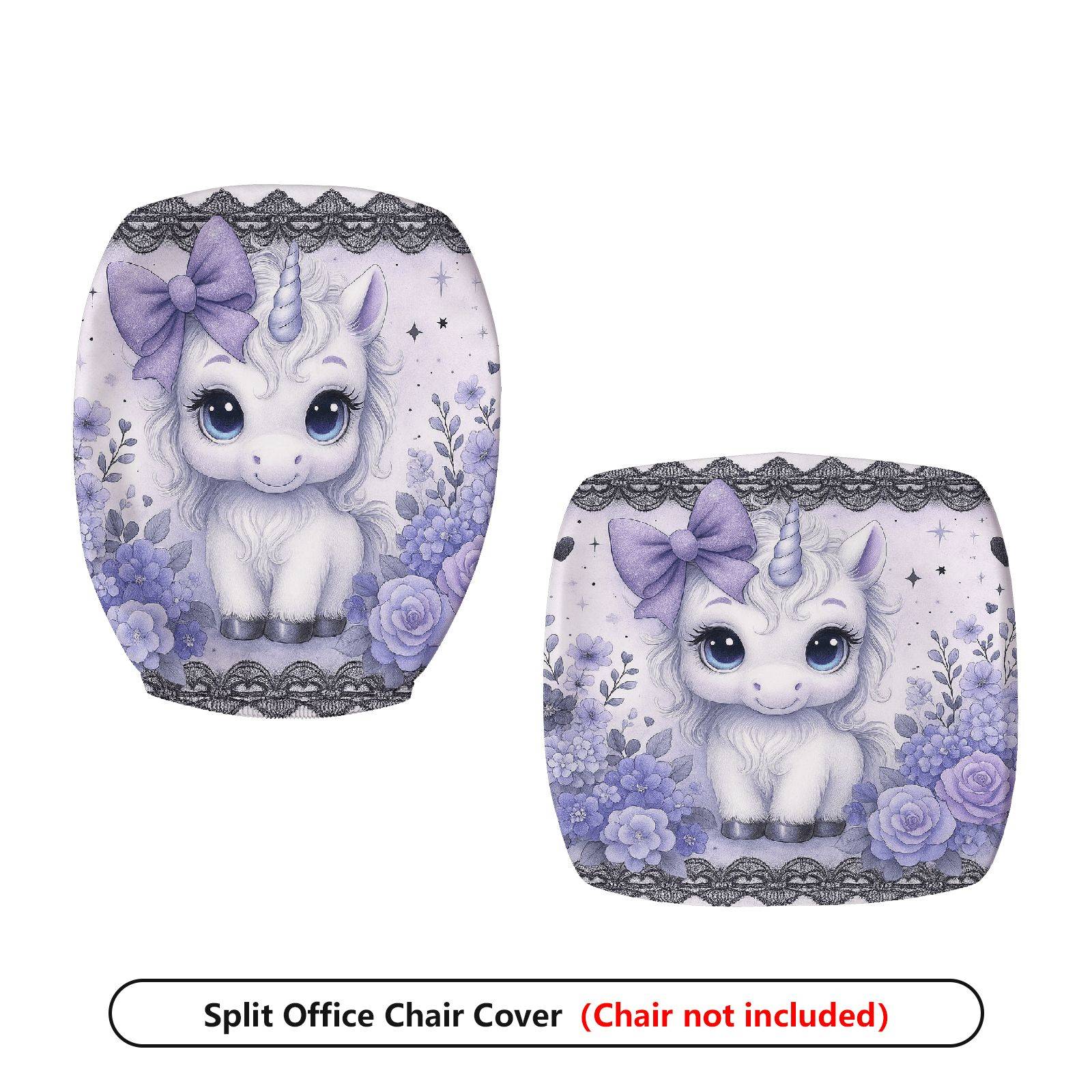 2-Piece Unicorn Floral Cute Purple Fantasy  Computer Chair Cover Set, Seat and Backrest