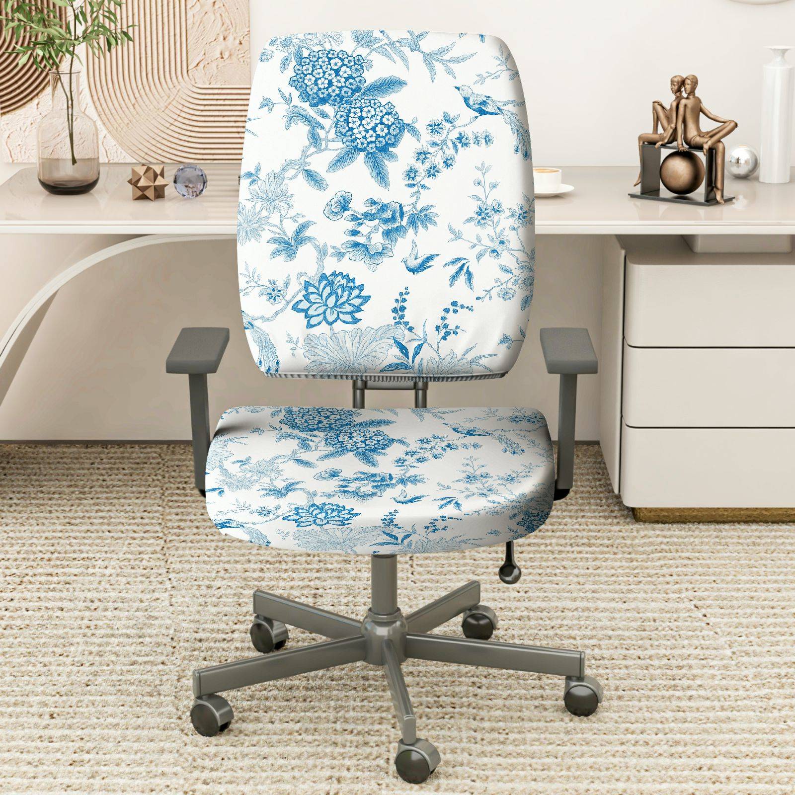 2-Piece Floral Bird Print Nature Blue White  Computer Chair Cover Set, Seat and Backrest