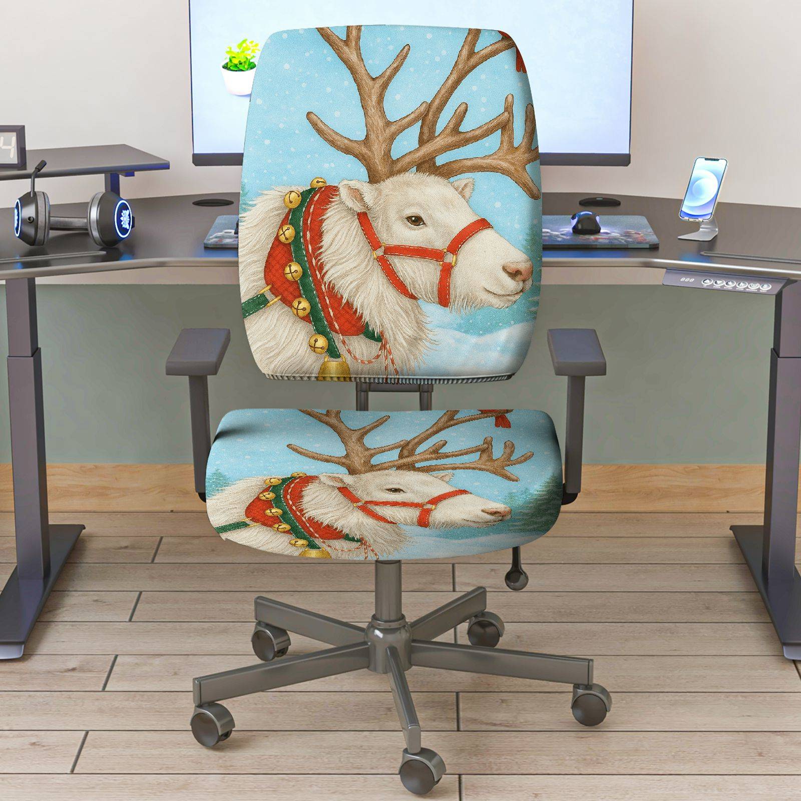 2-Piece Christmas Reindeer Snowy Forest Holiday Decorative  Computer Chair Cover Set, Seat and Backrest