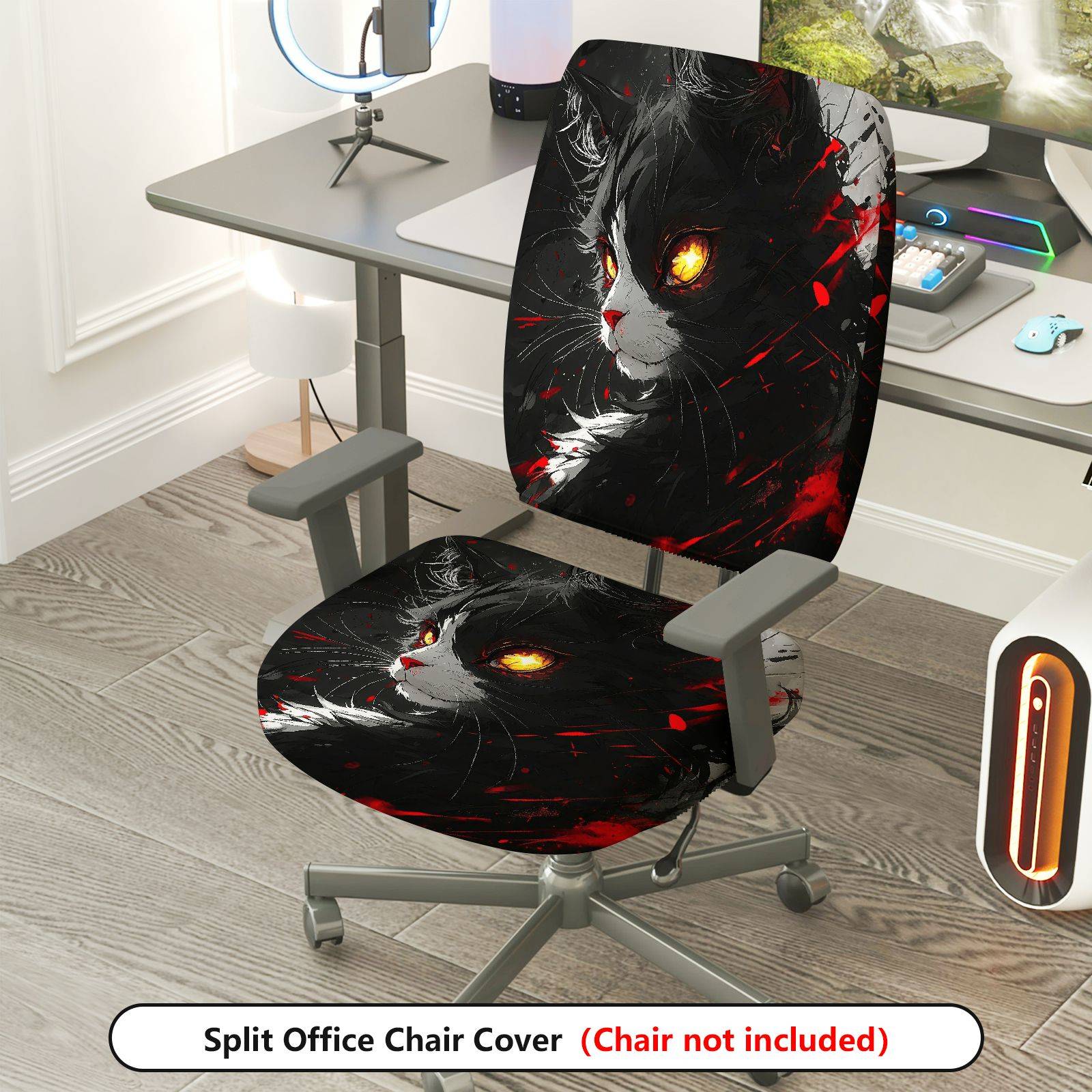 2-Piece Stylish Cat Art Red Black Abstract  Computer Chair Cover Set, Seat and Backrest