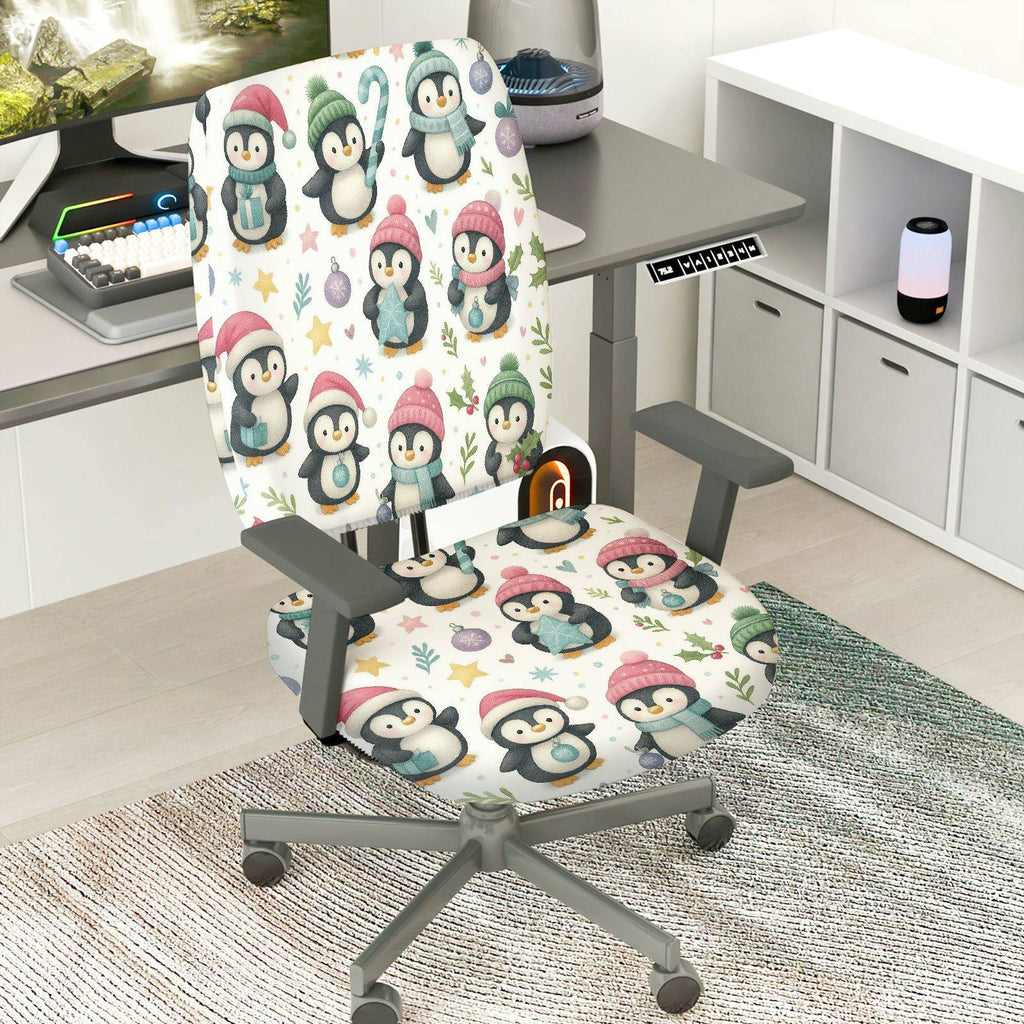 2-Piece Christmas Penguin Winter Festive Holiday Cute  Computer Chair Cover Set, Seat and Backrest