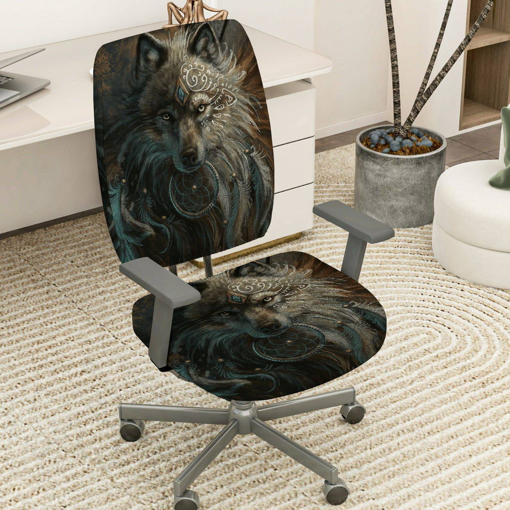 2-Piece Wolf Tribal Dreamcatcher Artistic Mystical  Computer Chair Cover Set, Seat and Backrest