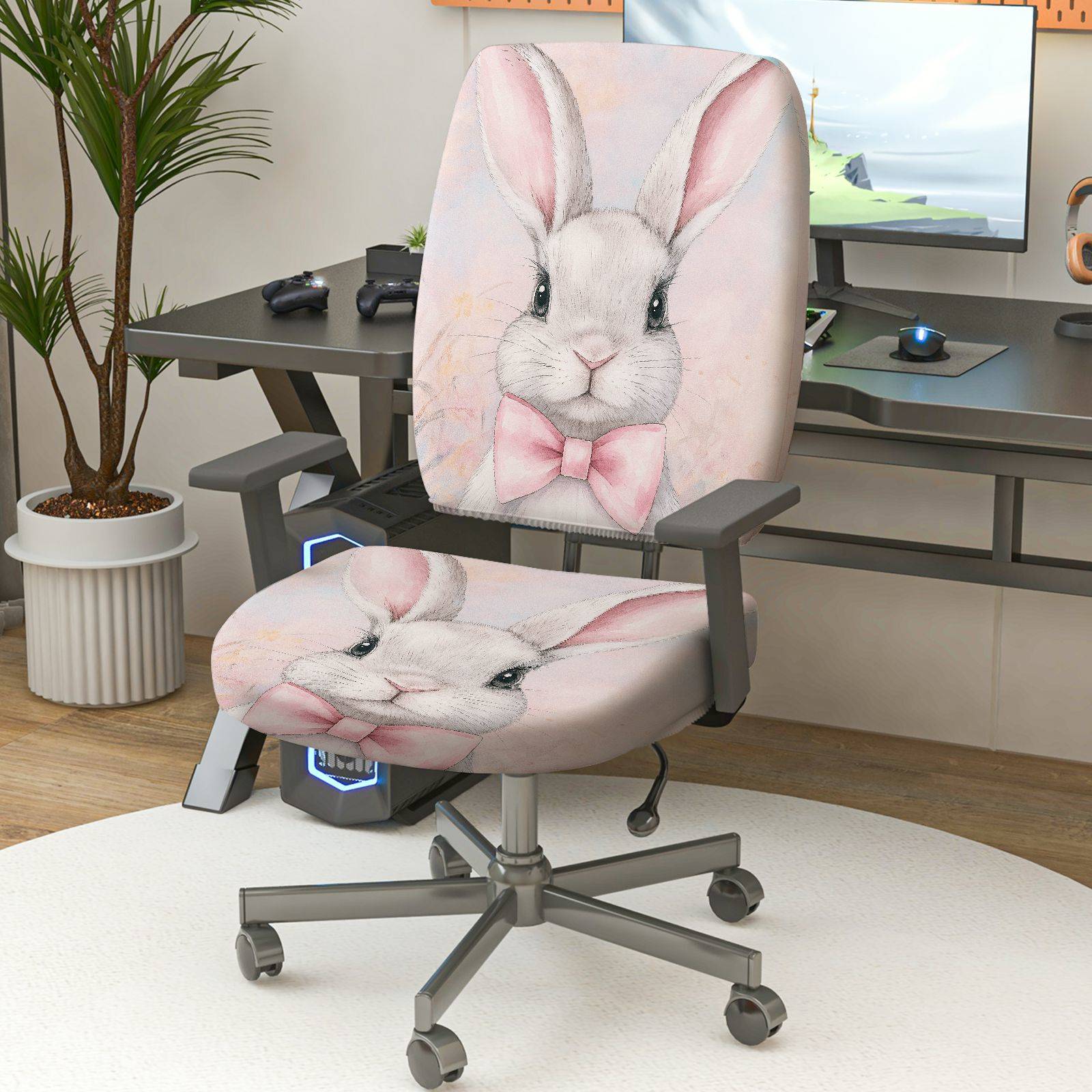 2-Piece Bunny Bow Pink Pattern Cute  Computer Chair Cover Set, Seat and Backrest