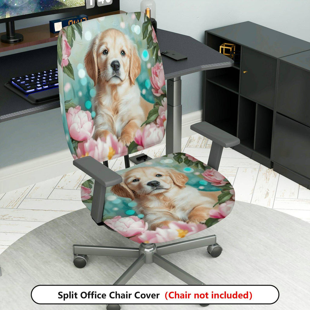 2-Piece Floral Dog Pattern Colorful Cute Relaxing  Computer Chair Cover Set, Seat and Backrest
