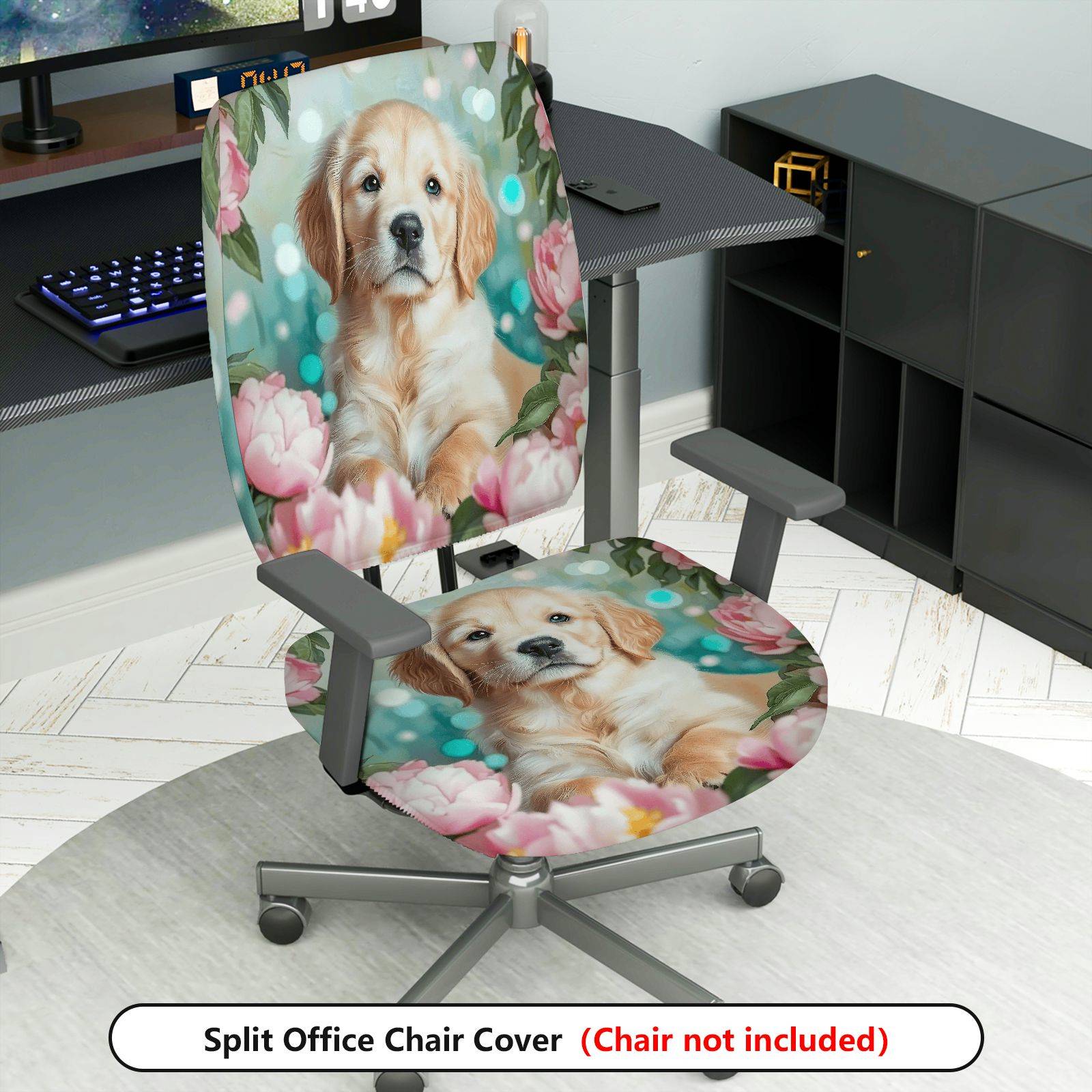 2-Piece Floral Dog Pattern Colorful Cute Relaxing  Computer Chair Cover Set, Seat and Backrest