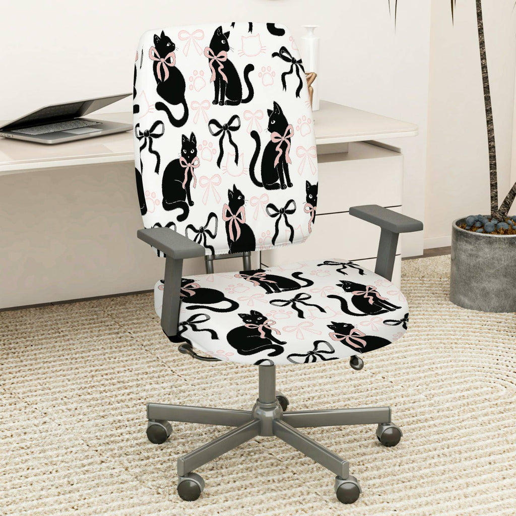 2-Piece Black cat bow paw print  Computer Chair Cover Set, Seat and Backrest