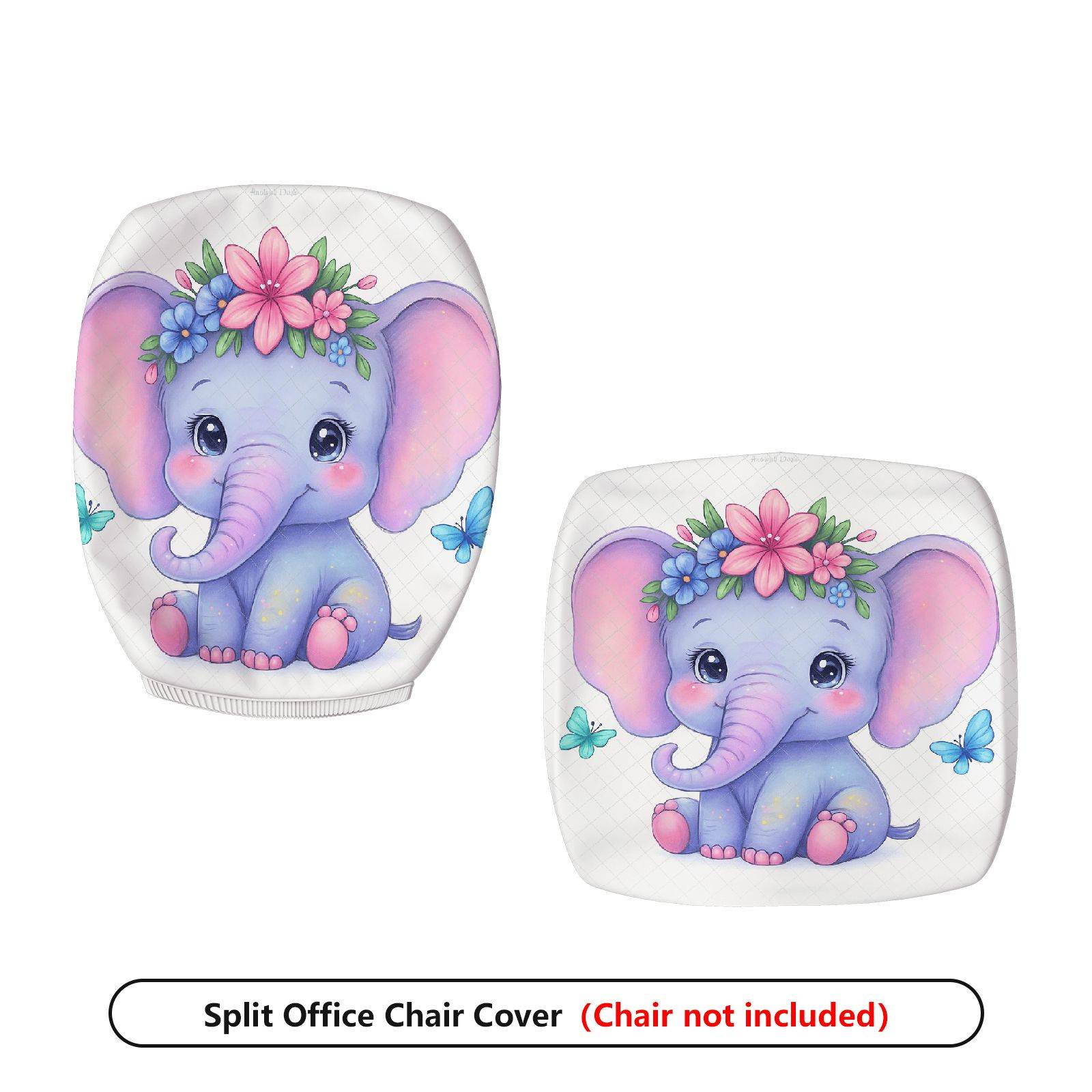 2-Piece Cute Elephant Flower Butterfly  Computer Chair Cover Set, Seat and Backrest