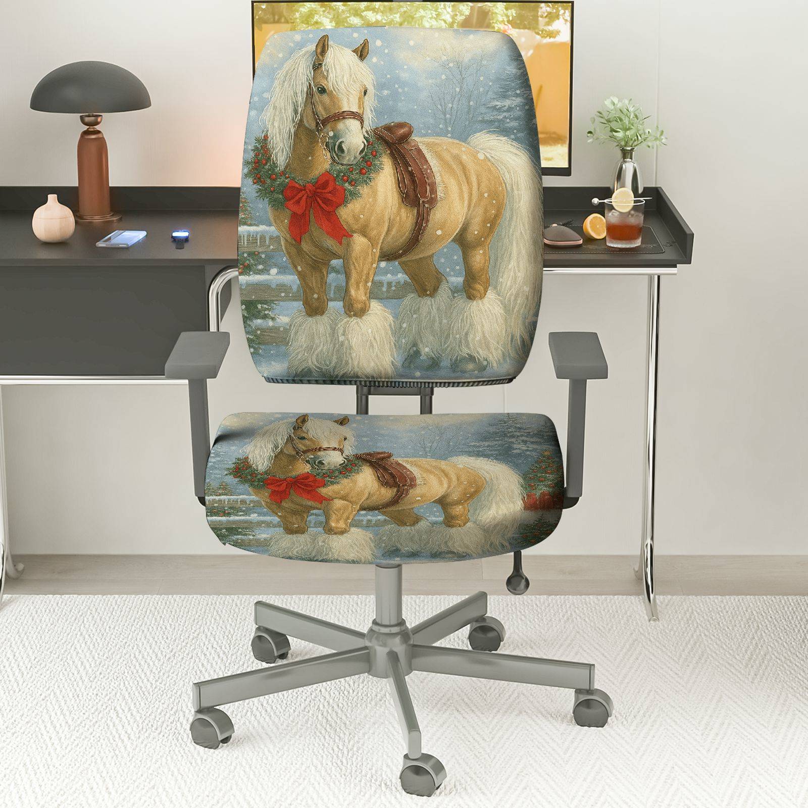 2-Piece Horse Christmas Winter Snow Holiday  Computer Chair Cover Set, Seat and Backrest