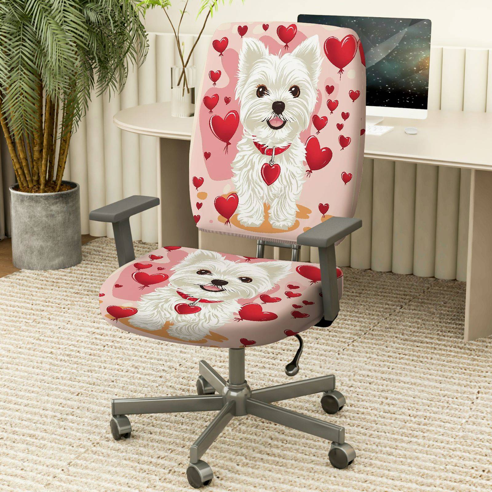 2-Piece Cute Valentine Dog Heart Love Romantic  Computer Chair Cover Set, Seat and Backrest