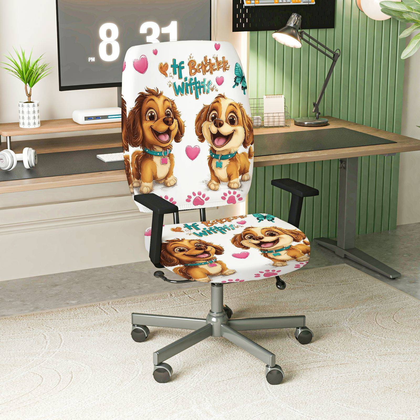 2-Piece Dog Paw Heart Butterfly  Computer Chair Cover Set, Seat and Backrest