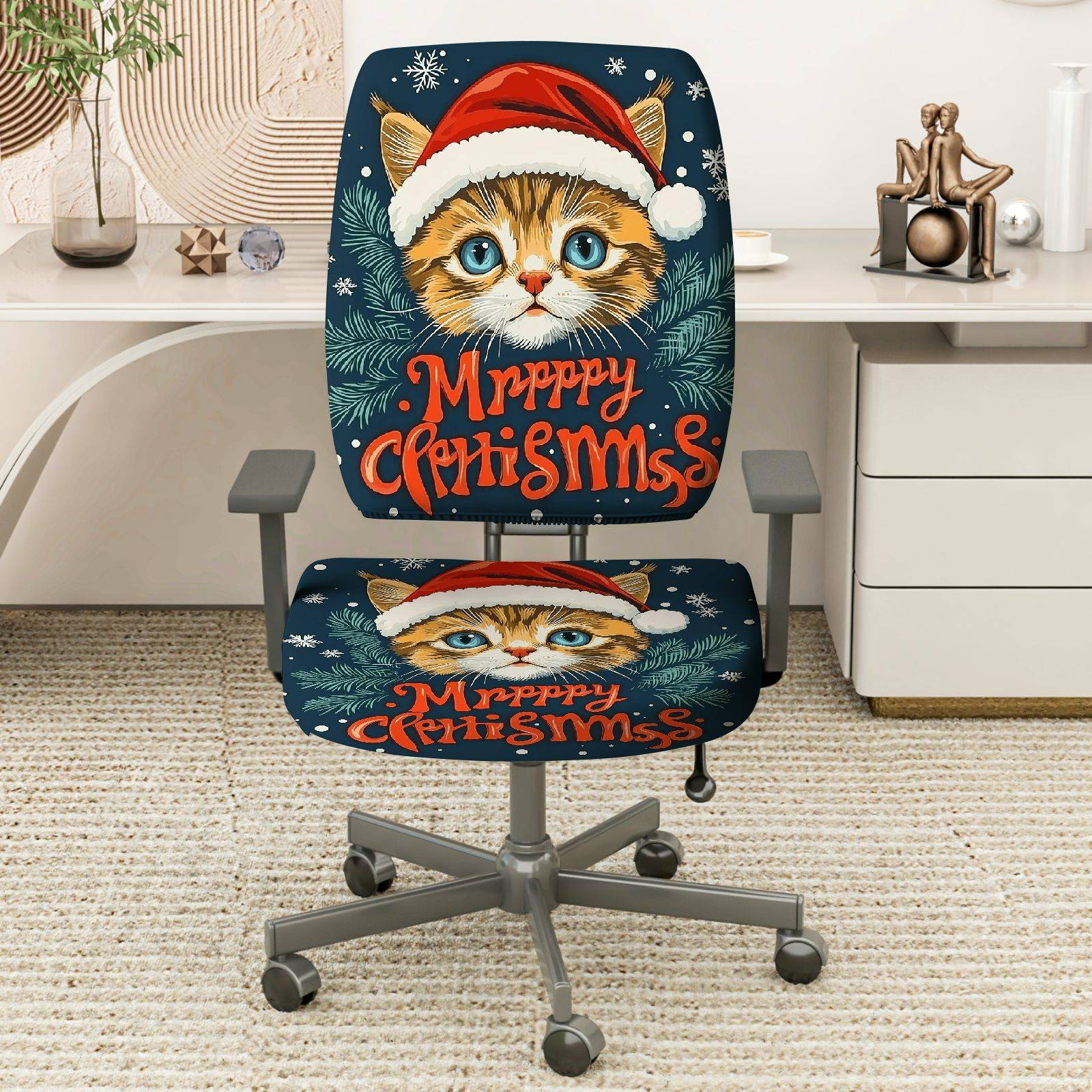 2-Piece Cute Cat Santa Hat Christmas Decorative Soft  Computer Chair Cover Set, Seat and Backrest