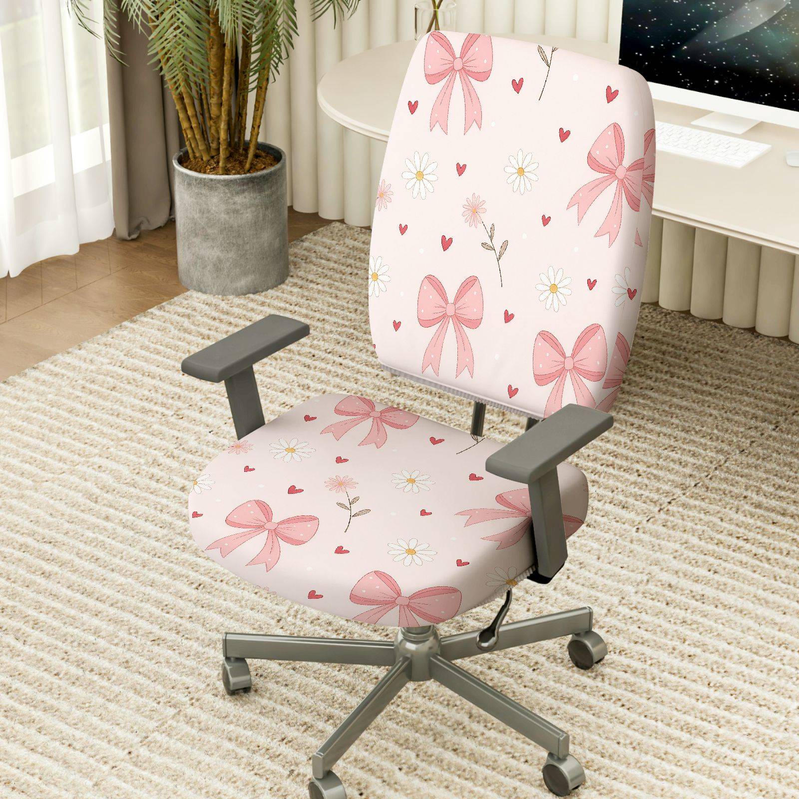 2-Piece Pink Bow Floral Heart Romantic Cute  Computer Chair Cover Set, Seat and Backrest