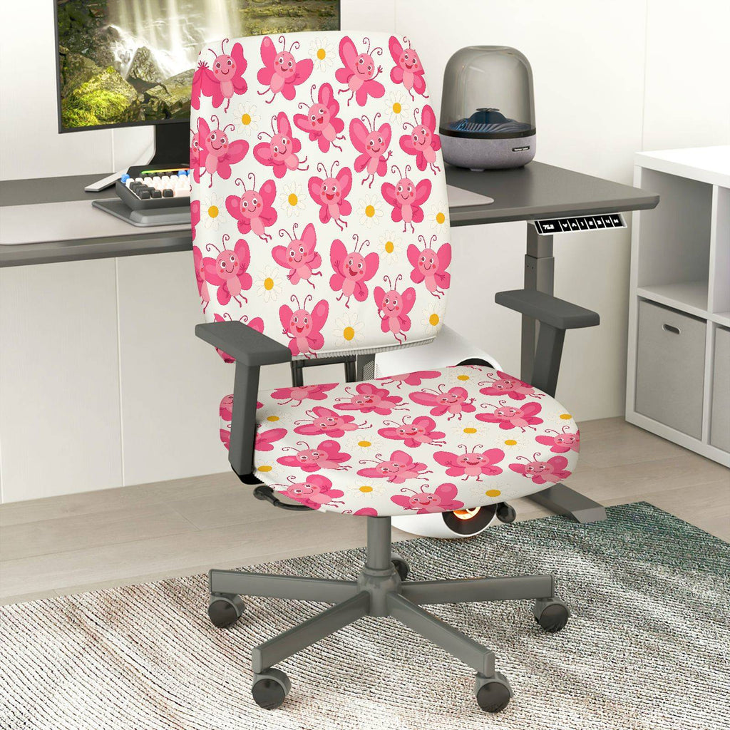 2-Piece Pink Butterfly Floral Cute  Computer Chair Cover Set, Seat and Backrest