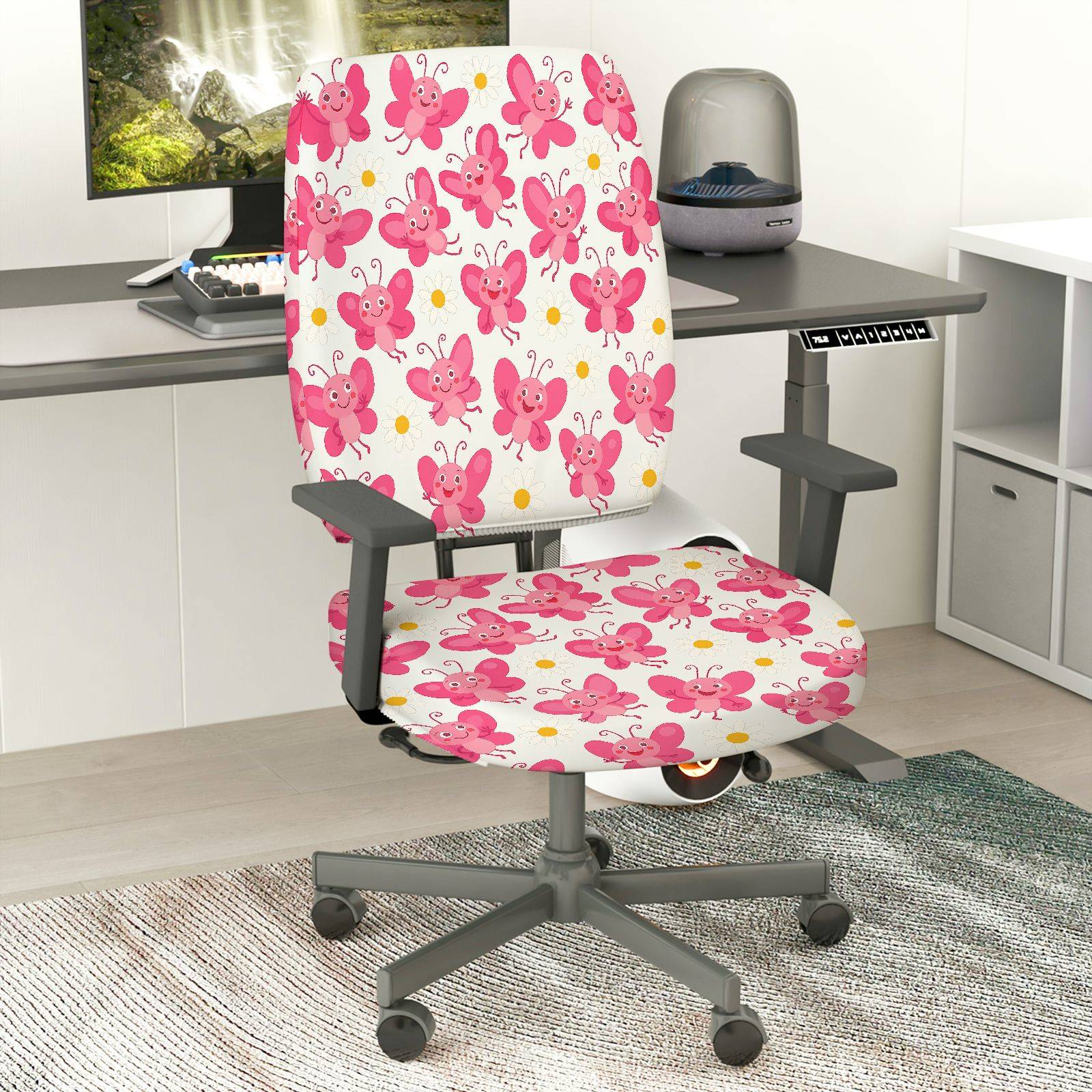 2-Piece Pink Butterfly Floral Cute  Computer Chair Cover Set, Seat and Backrest