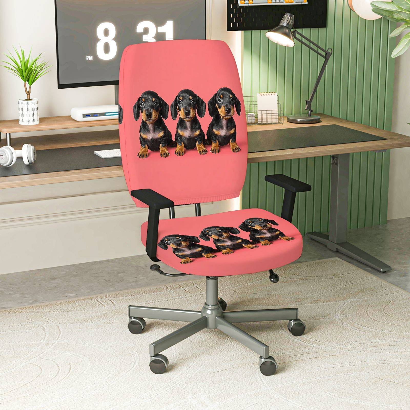 2-Piece Cute Dog Animal Print Red Cozy Playful Fun  Computer Chair Cover Set, Seat and Backrest