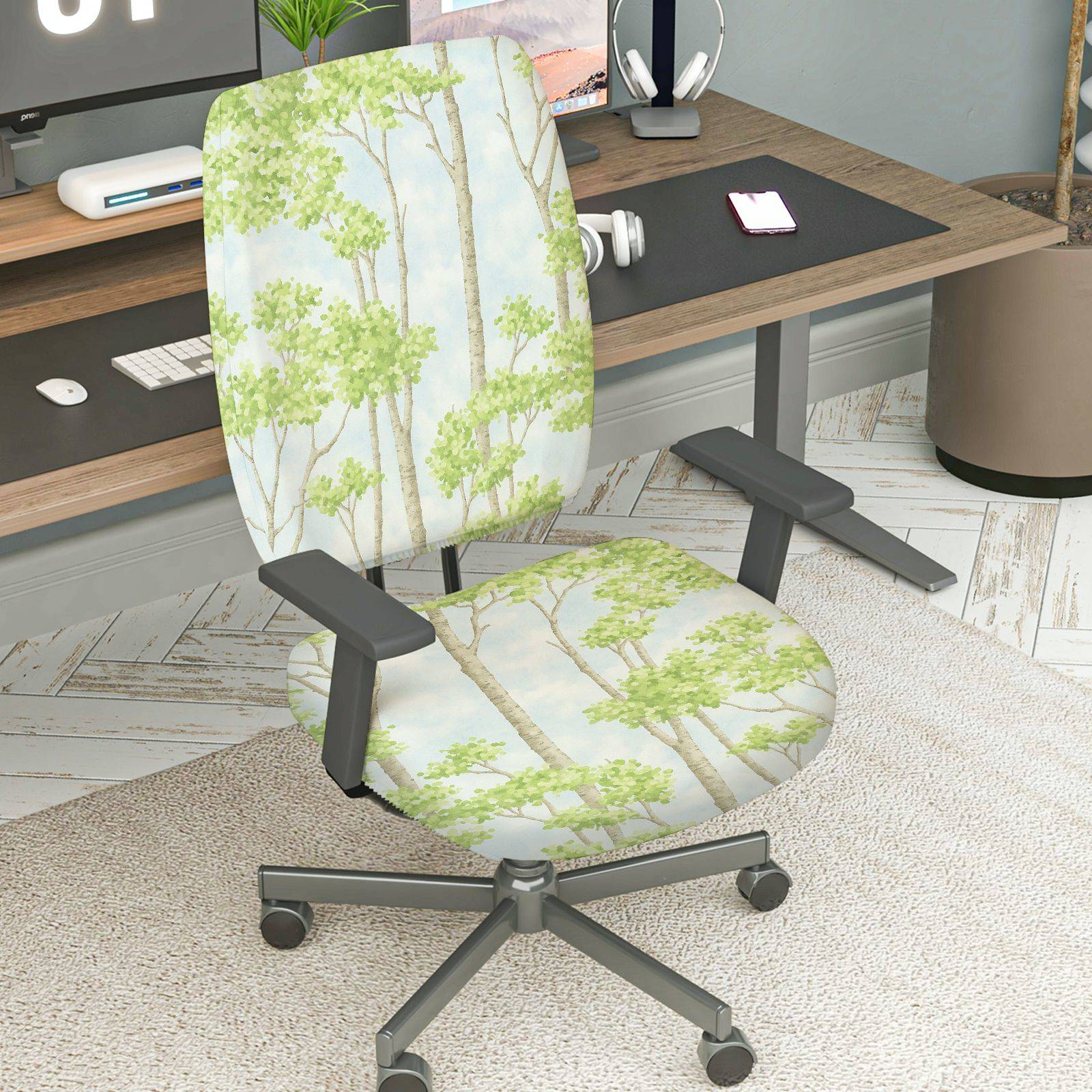 2-Piece Tree Sky Forest Green Nature  Computer Chair Cover Set, Seat and Backrest
