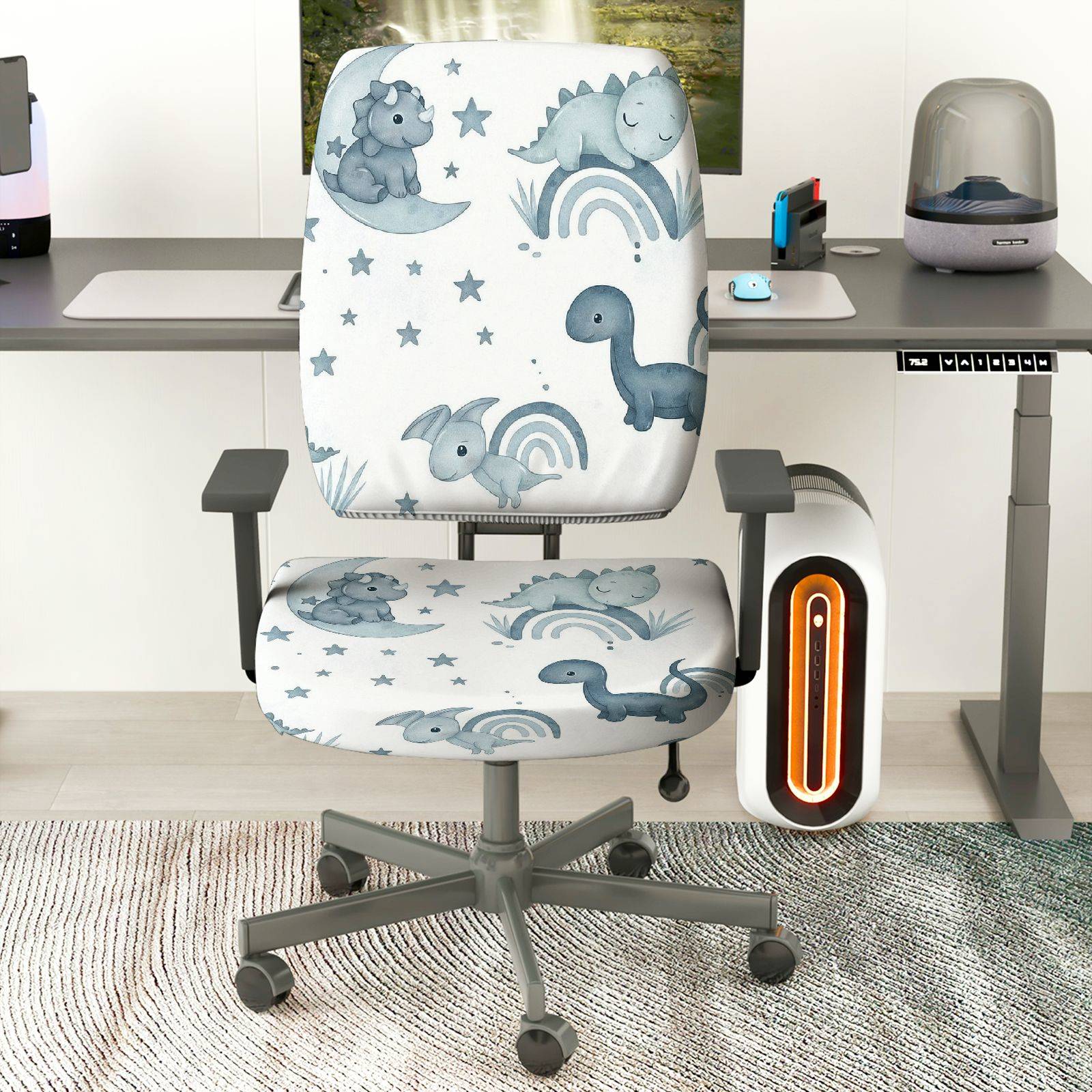 2-Piece Cute Dinosaur Star Moon Rainbow Animal  Computer Chair Cover Set, Seat and Backrest