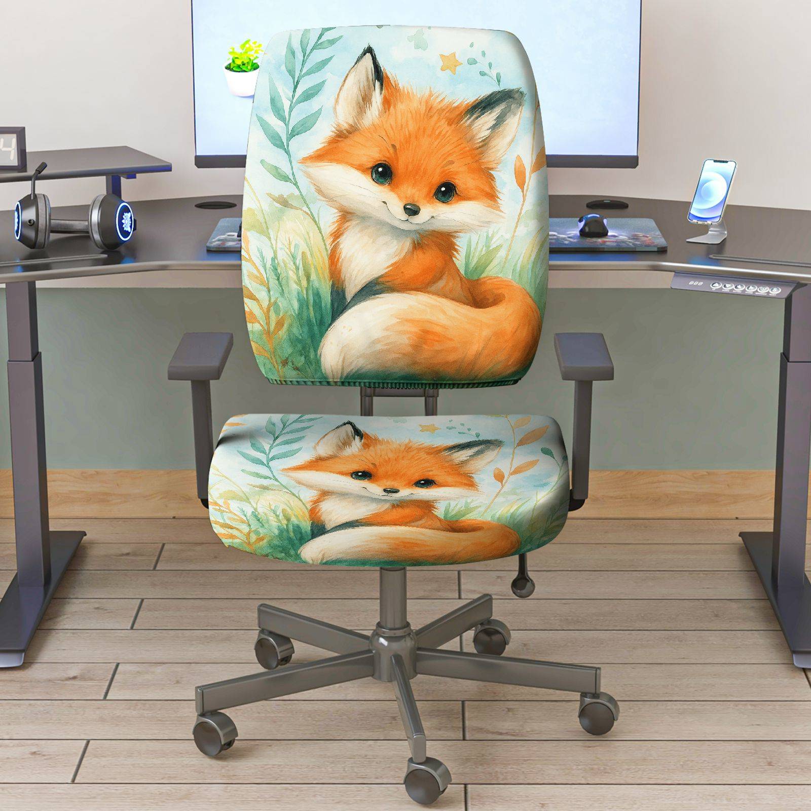 2-Piece Cute Animal Fox Forest Nature  Computer Chair Cover Set, Seat and Backrest
