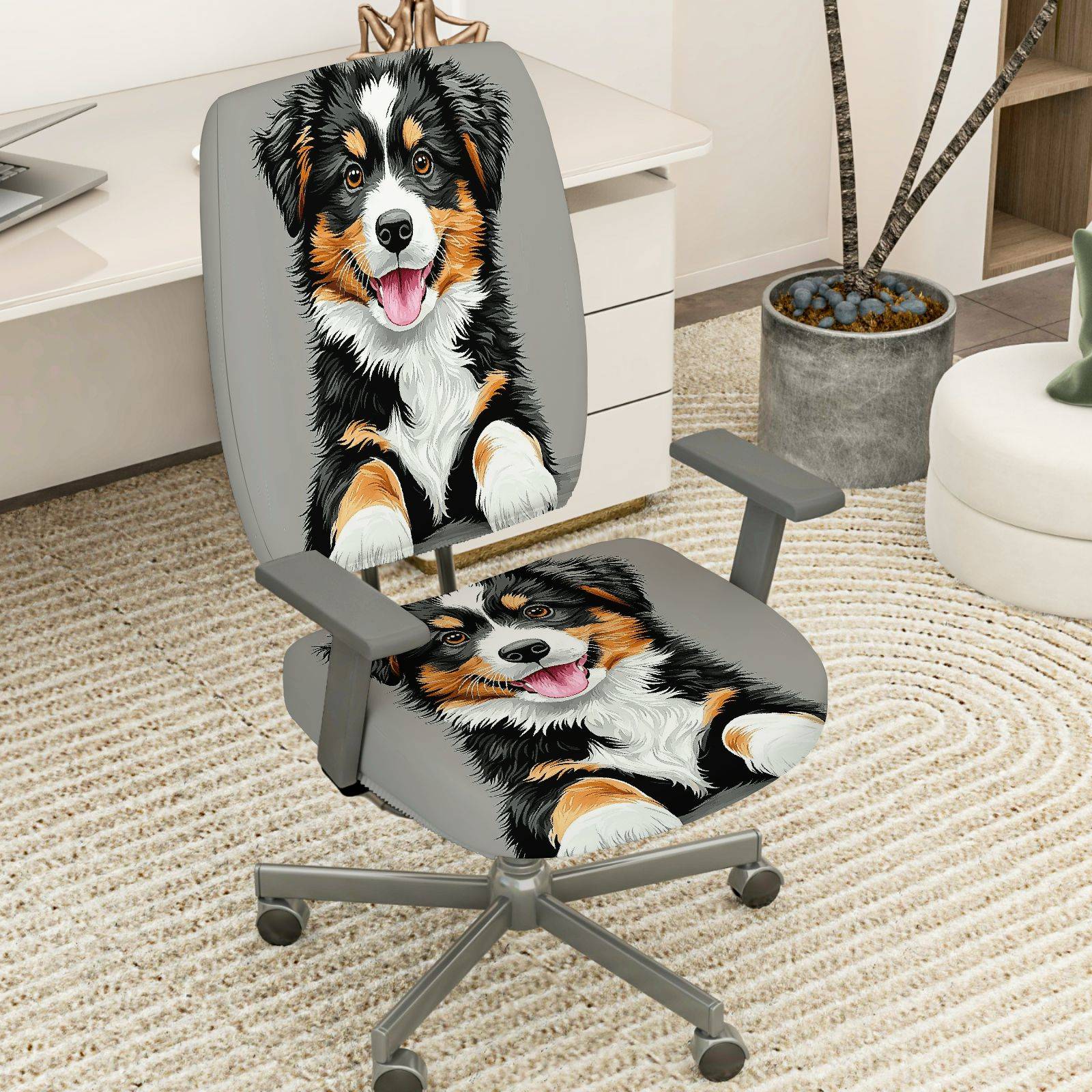 2-Piece Dog Puppy Pet Animal Cute Funny  Computer Chair Cover Set, Seat and Backrest