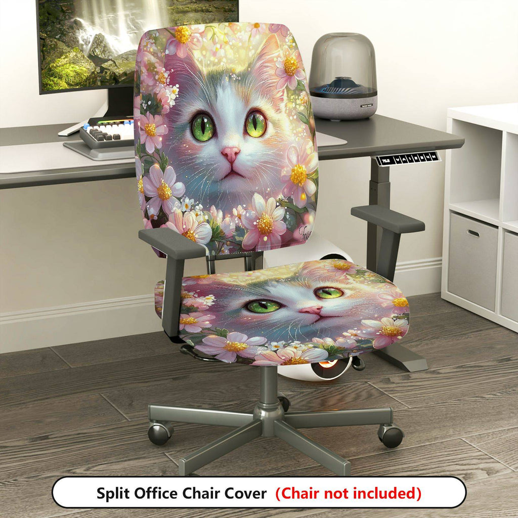 2-Piece Cute Cat Floral Spring Green Eyes Fantasy  Computer Chair Cover Set, Seat and Backrest