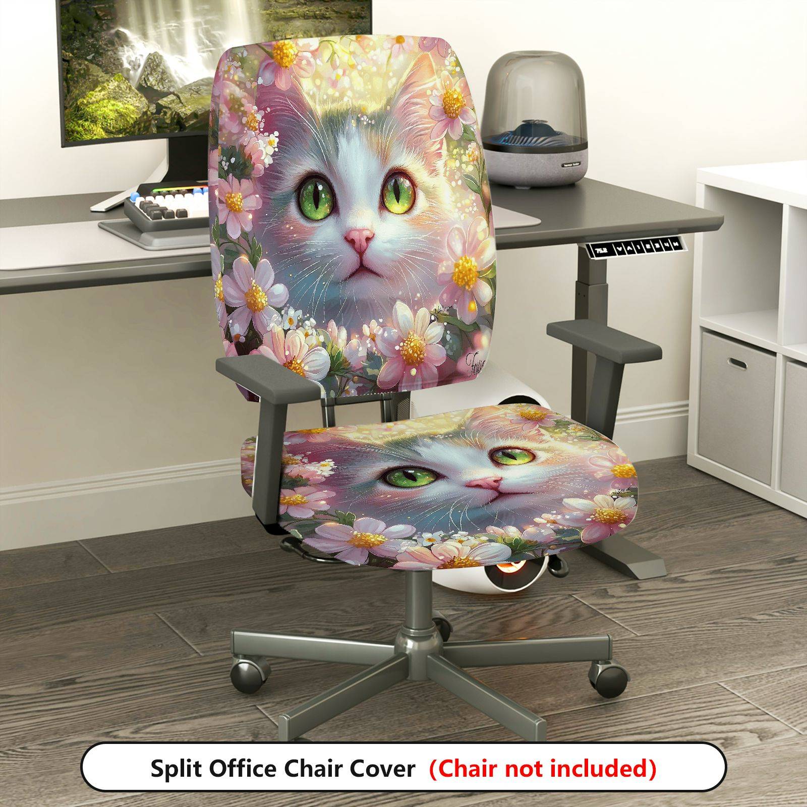 2-Piece Cute Cat Floral Spring Green Eyes Fantasy  Computer Chair Cover Set, Seat and Backrest