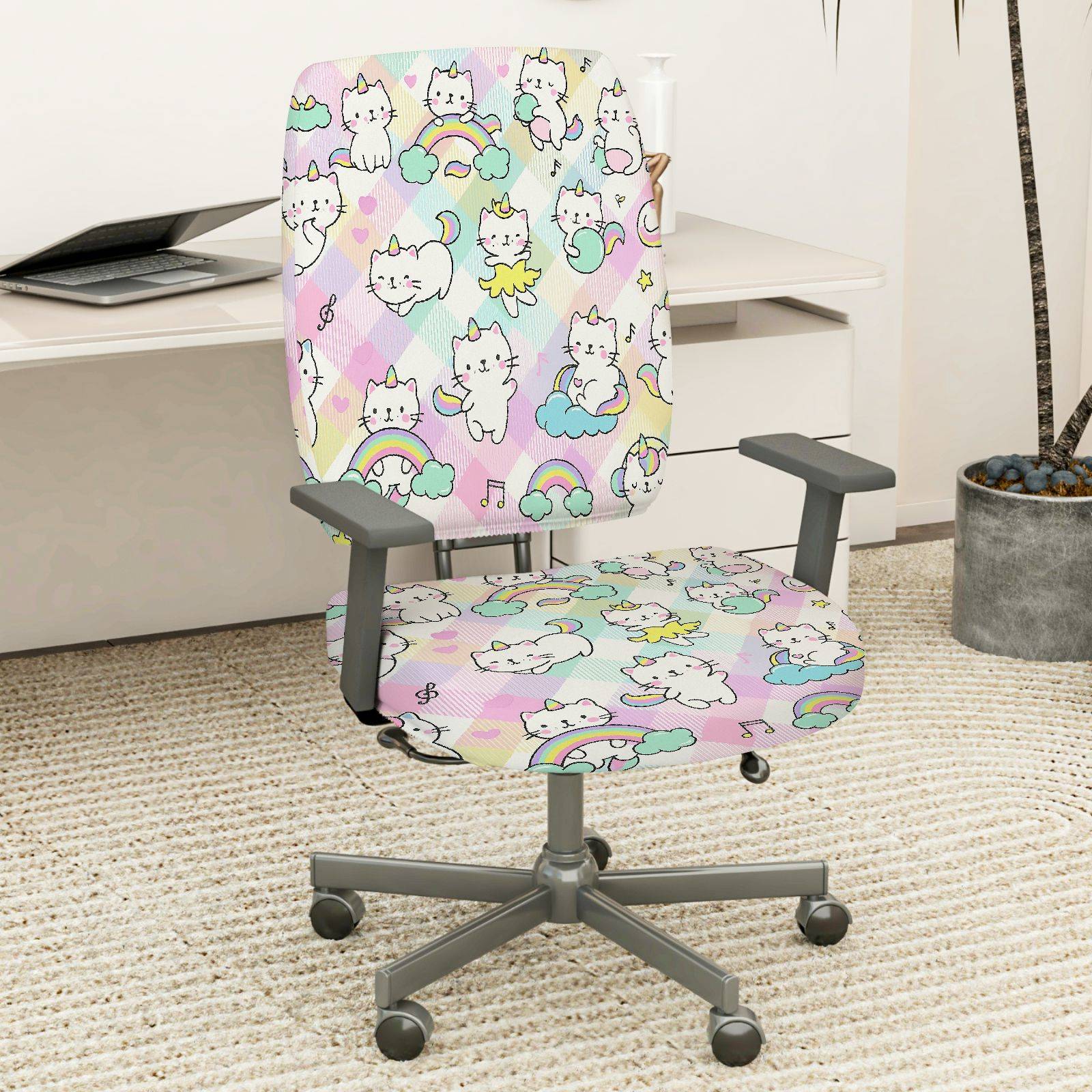 2-Piece Cute Colorful Rainbow Star Cat  Computer Chair Cover Set, Seat and Backrest