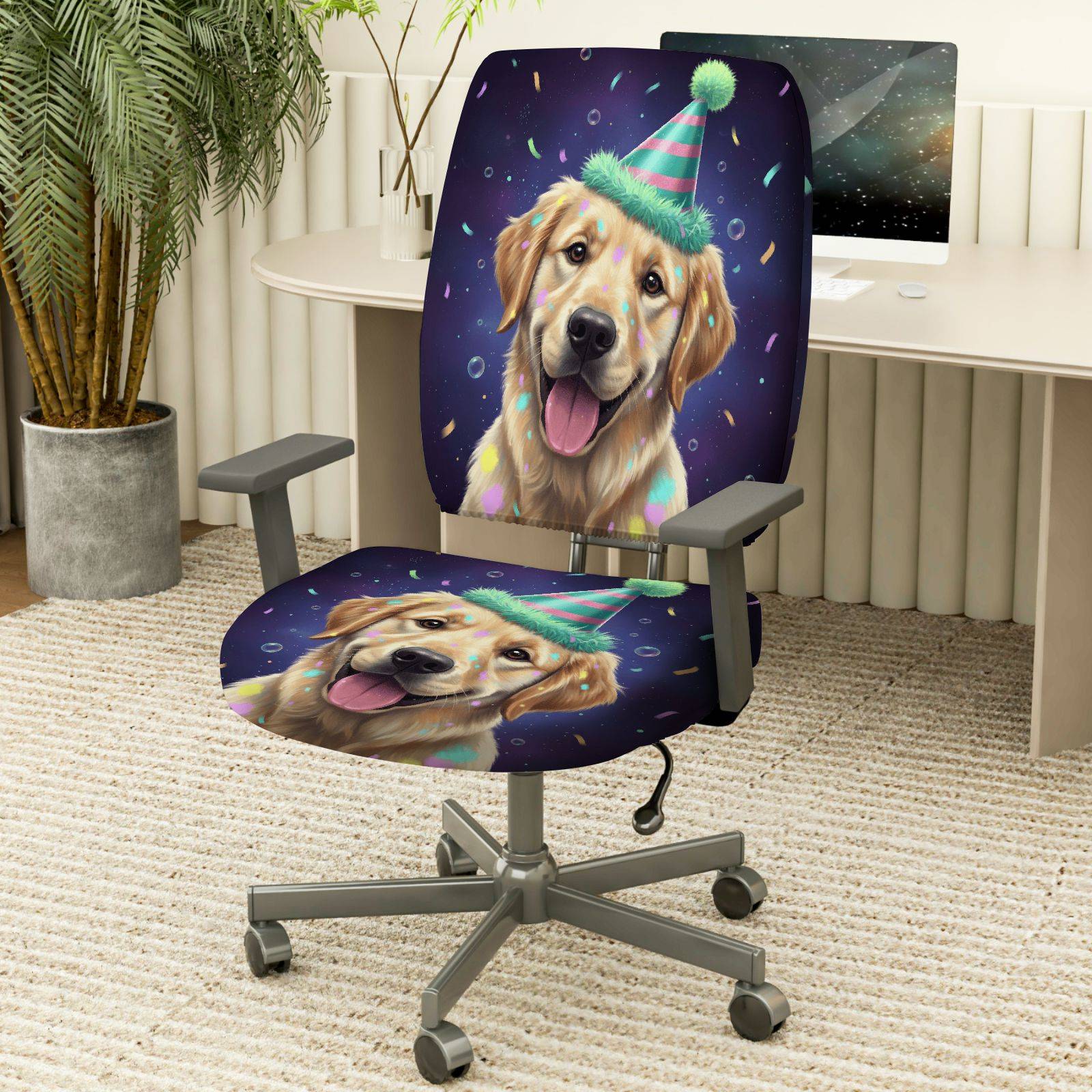 2-Piece Cute Dog Party Hat Celebration Confetti Joyful  Computer Chair Cover Set, Seat and Backrest
